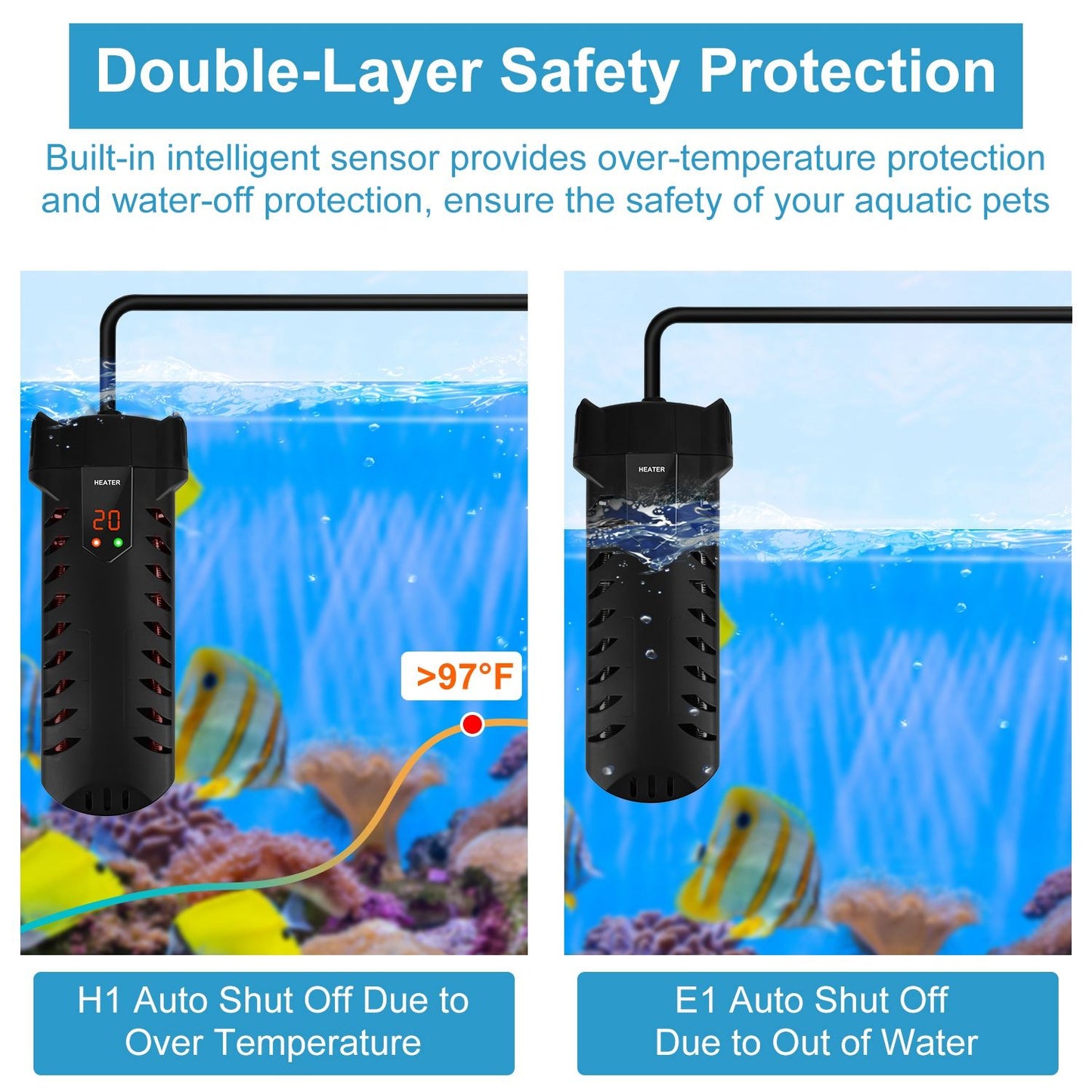 Image of a dual-function aquarium heater demonstrating its safety features, including digital temperature display and automatic shut-off for over-temperature and low water levels, ensuring the safety of aquatic pets.