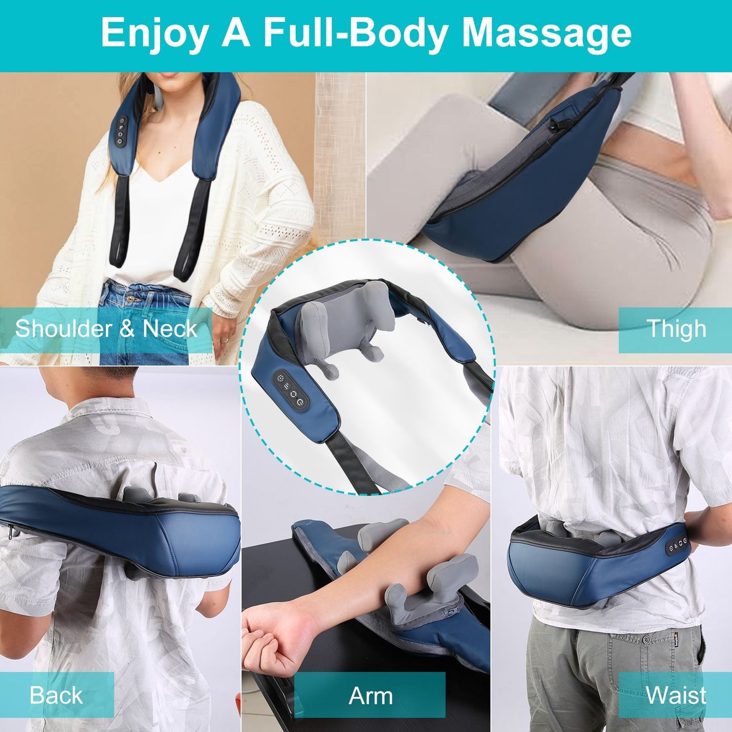 Full-body massage device demonstrating use on the shoulder, neck, back, arm, waist, and thigh, featuring a sleek blue and gray design with adjustable settings for relaxation and relief.