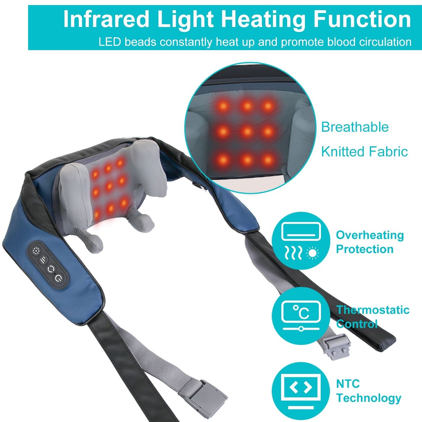 Infrared light heating neck massager with LED beads for blood circulation, featuring breathable knitted fabric and overheating protection controls.