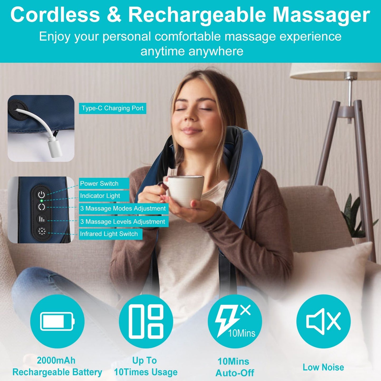 Cordless and rechargeable neck massager with adjustable massage modes and infrared light, showing a woman relaxing at home with a cup of coffee.