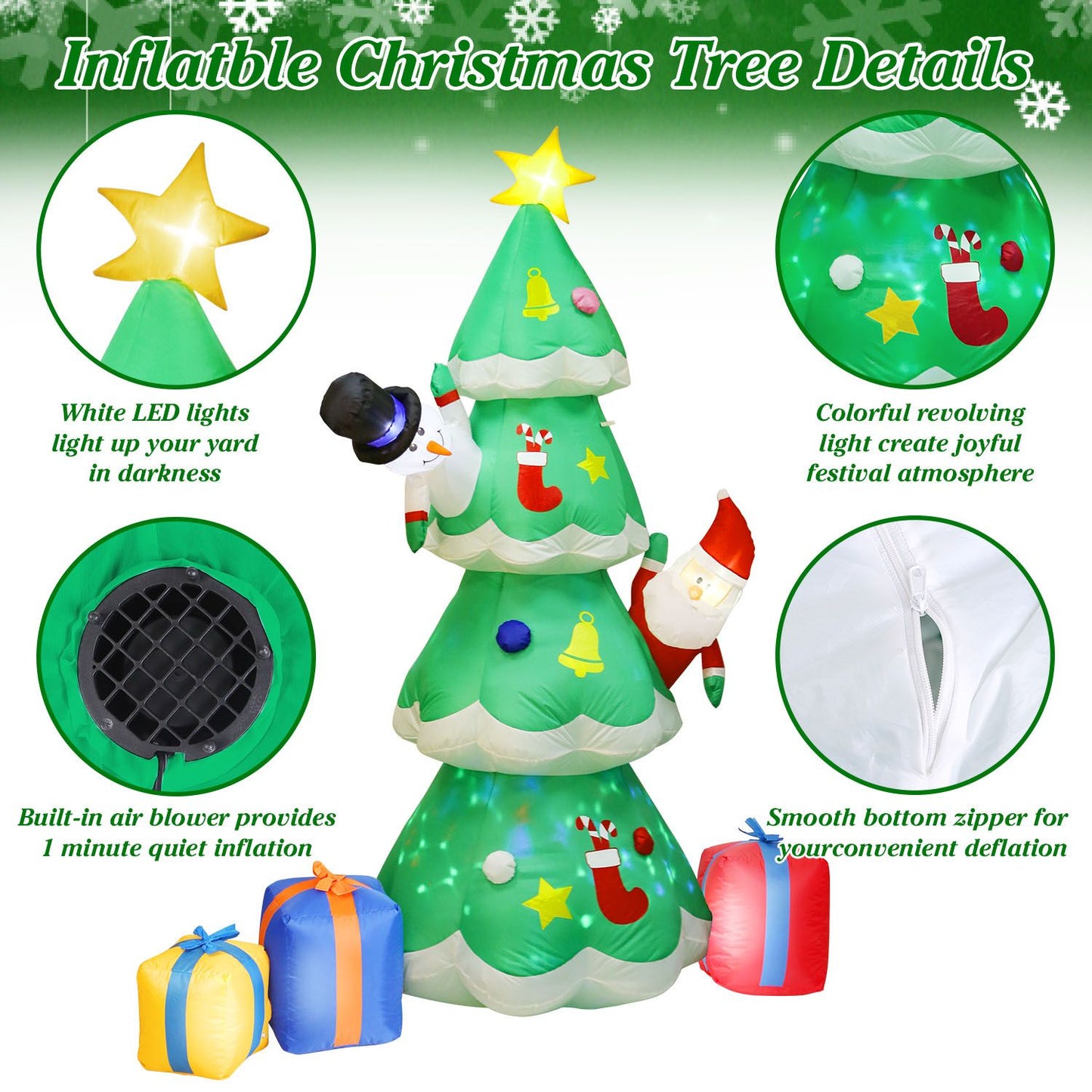 Inflatable Christmas tree decoration with LED lights, a star topper, colorful ornaments, Santa and snowman characters, and presents at the base, featuring a built-in blower for easy setup and a zipper for convenient deflation.