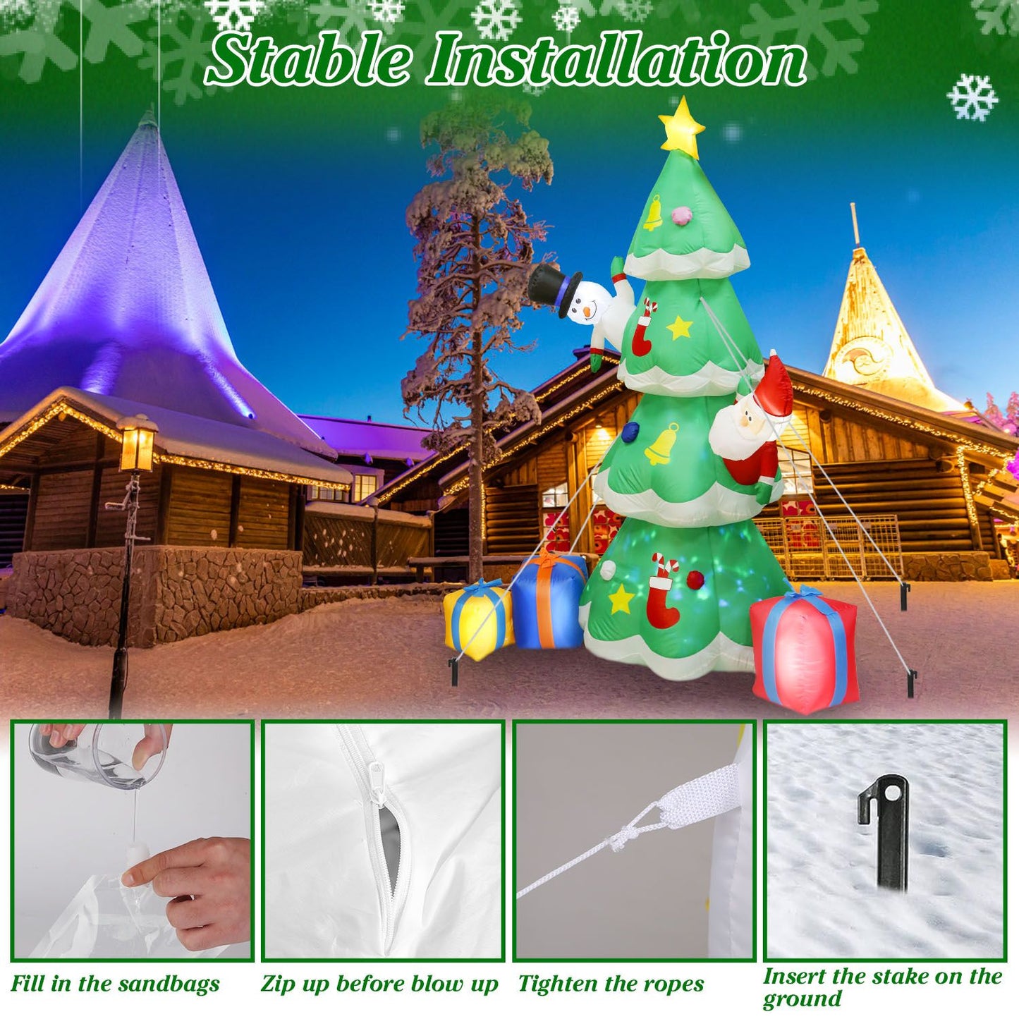 Inflatable Christmas tree with snowman and Santa decorations, featuring installation steps including filling sandbags, zipping, tightening ropes, and inserting stakes for stability, set against a festive winter backdrop with colorful lights.