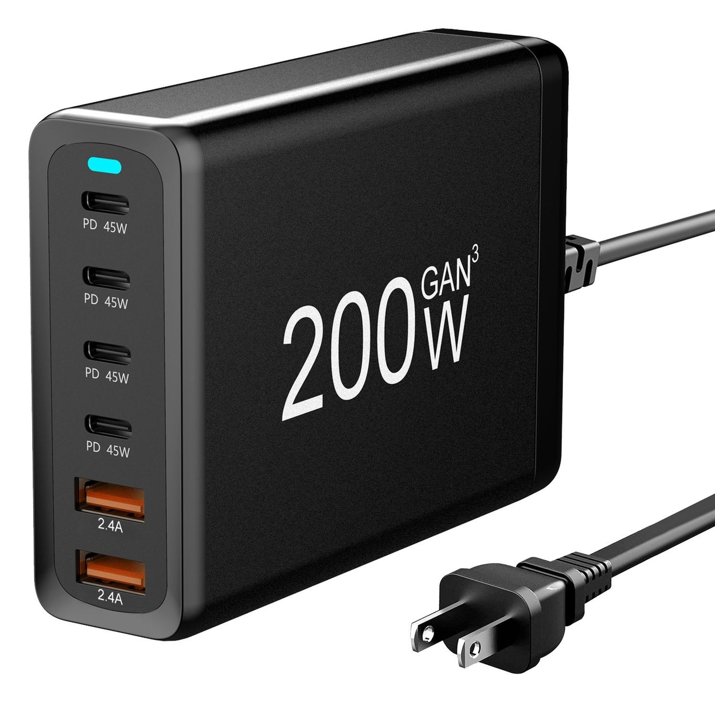 200W GaN charger with four USB-C ports and two USB-A ports, featuring a sleek black design and power indicator light.