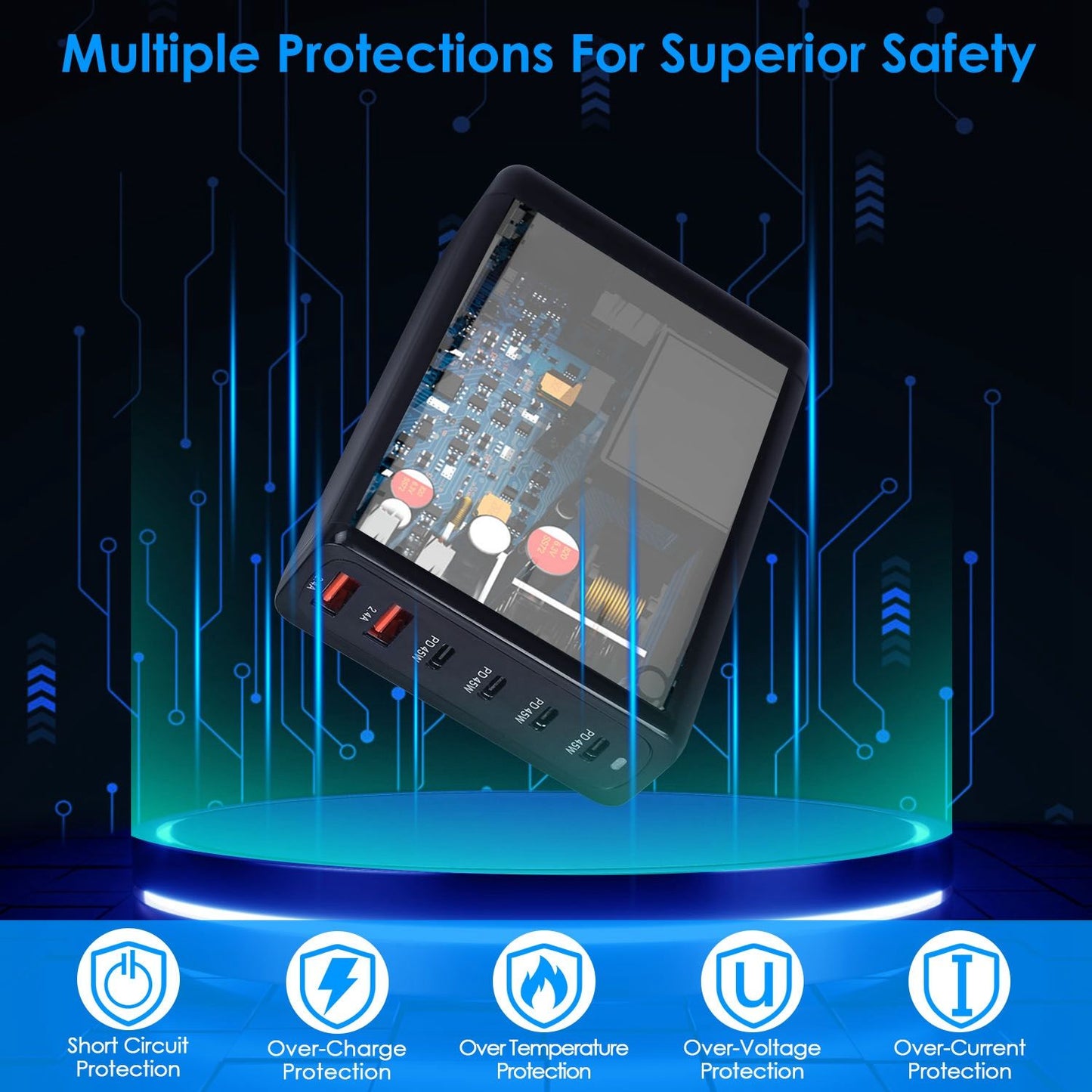 Close-up view of a multifunctional safety device featuring various protection indicators, showcasing a printed circuit board and buttons for short circuit, over-charge, over-temperature, over-voltage, and over-current protection, set against a high-tech background.