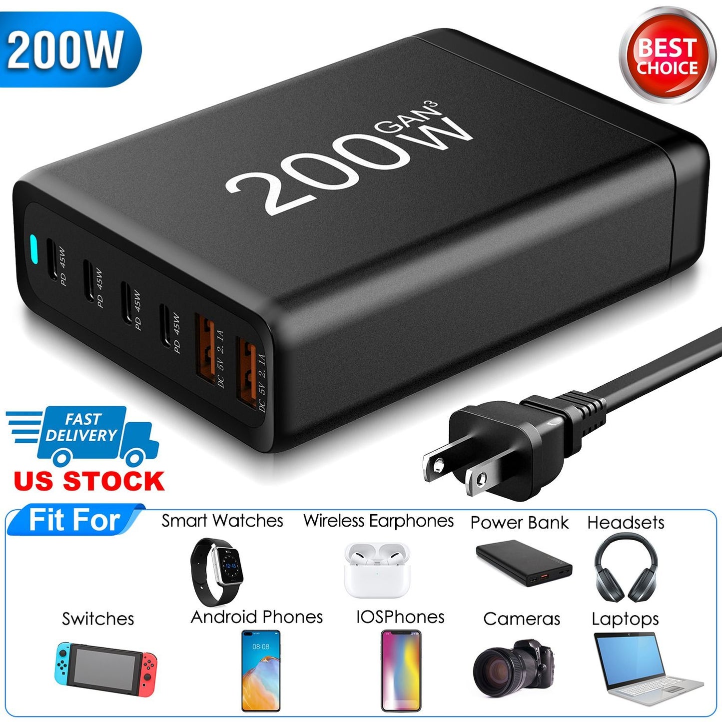 200W GaN charger with multiple USB ports, offering fast charging for devices including smartphones, laptops, and smartwatches, featuring a compact design and US plug.
