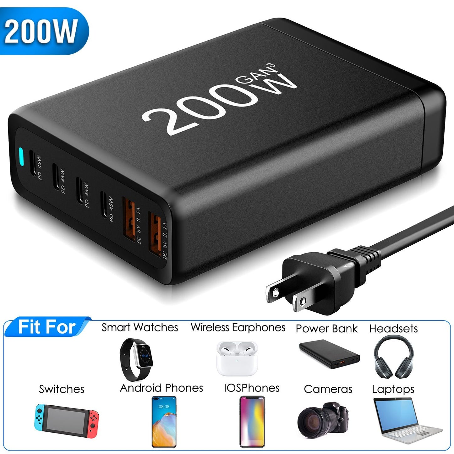 200W GaN charger with multiple ports, compatible with smartphones, laptops, and other devices, featuring a black design and power plug.