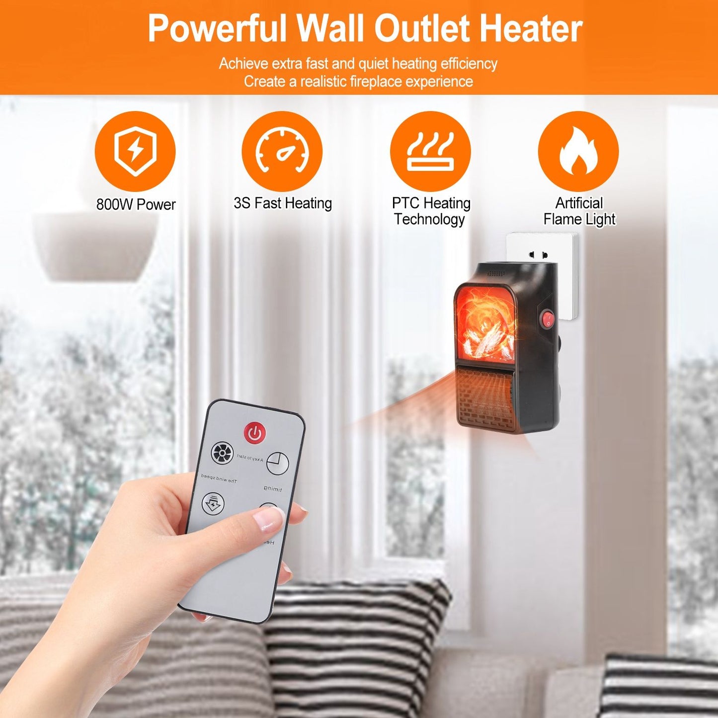 Powerful wall outlet heater with remote control, featuring 800W power, 3-second fast heating, and realistic artificial flame light for an efficient and cozy experience.