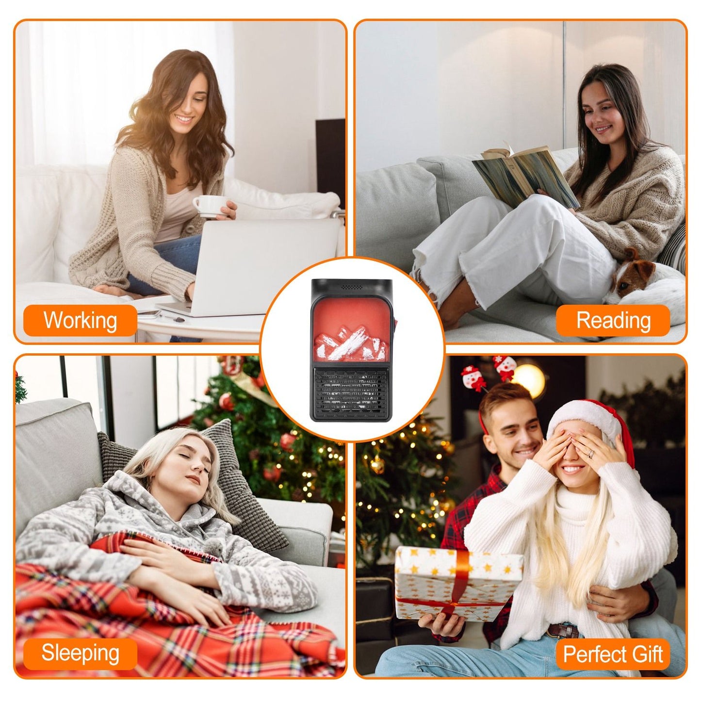 Cozy product image showcasing a versatile gadget in a lifestyle setting, highlighting activities like working, reading, sleeping, and gifting. Perfect for enhancing comfort and relaxation.