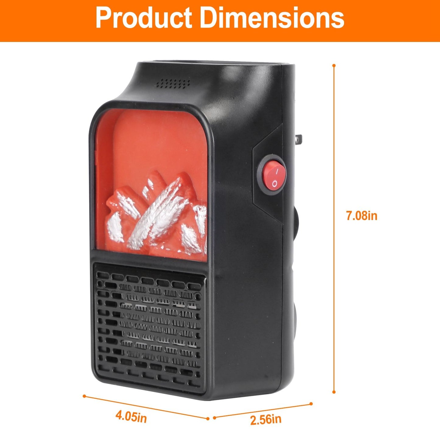 Compact black portable heater with red accents, displaying product dimensions of 7.08 inches height, 4.05 inches width, and 2.56 inches depth.