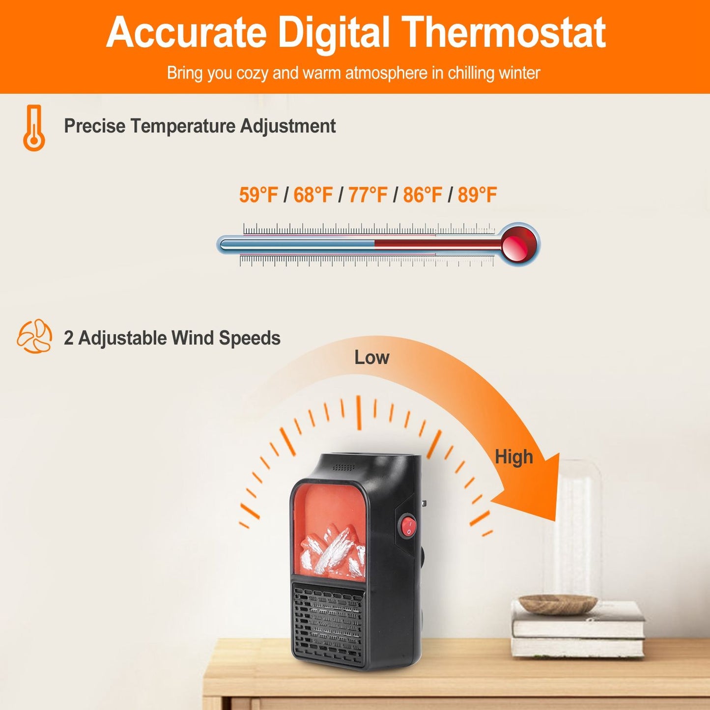 Digital thermostat with precise temperature adjustment and two adjustable wind speeds, designed to create a cozy atmosphere in winter.