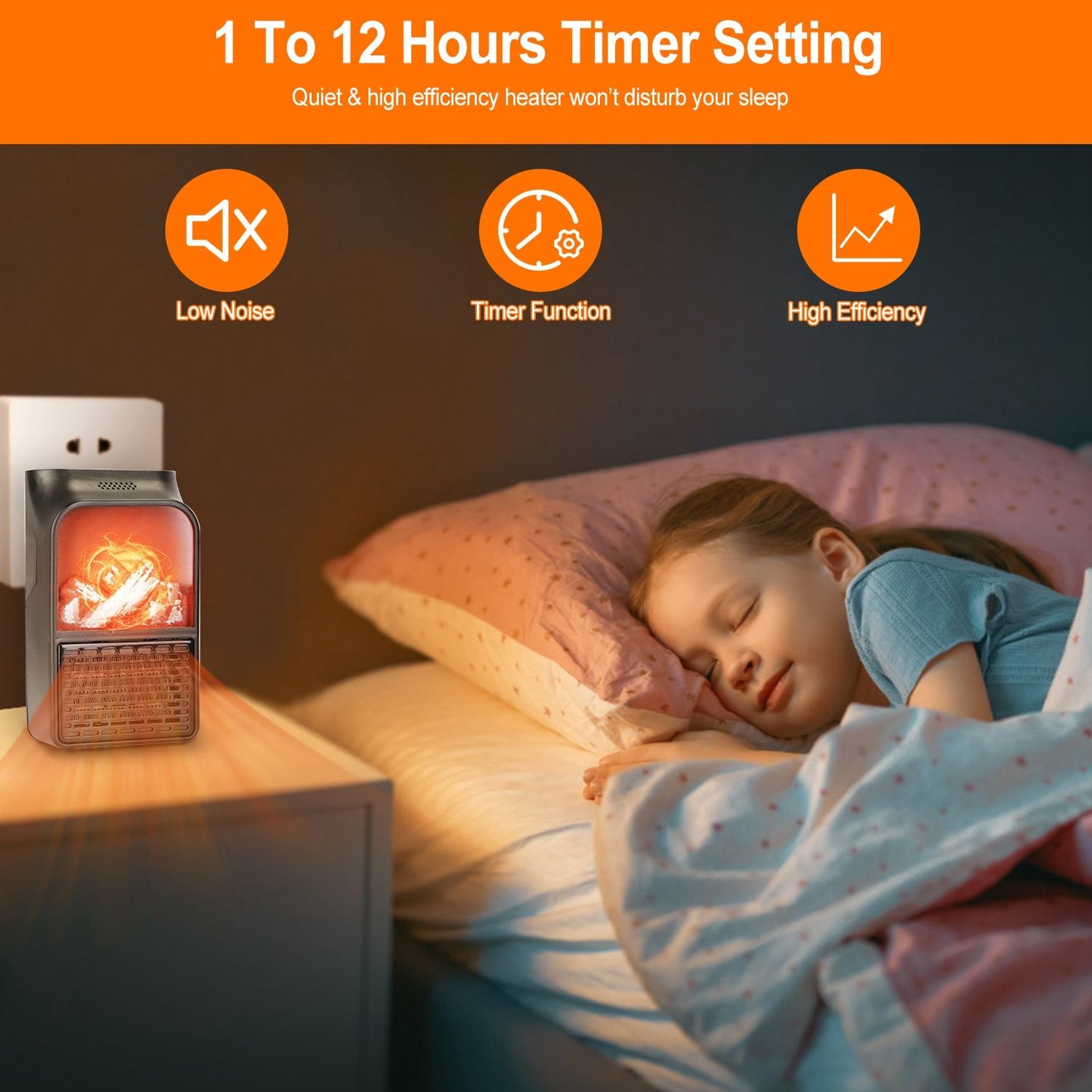 Compact and efficient heater with 1 to 12-hour timer setting, placed next to a bed, providing soft warmth without disturbing sleep, perfect for cozy nights.