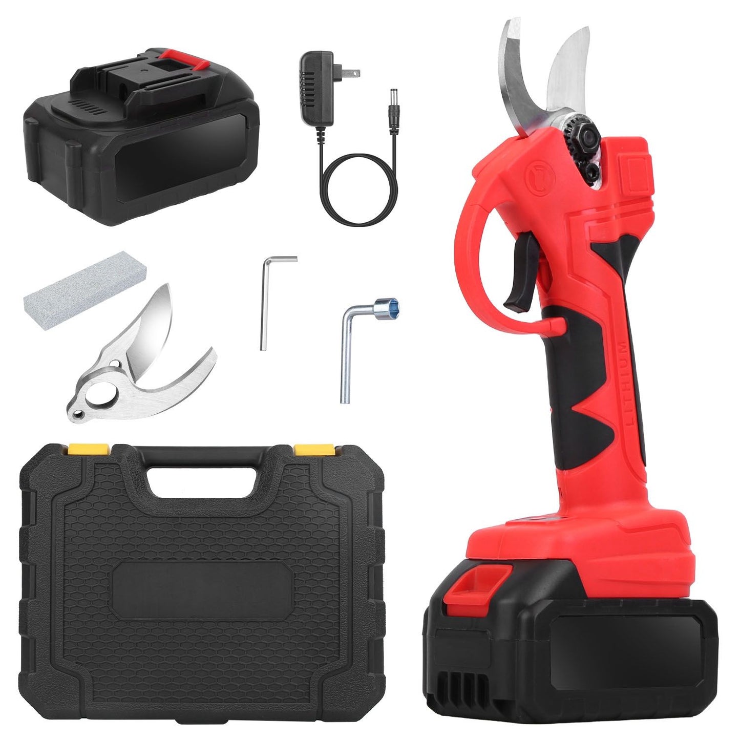 Electric pruning shears kit with a red ergonomic handle, lithium battery, charger, stainless steel blades, sharpening stone, and storage case, ideal for gardening and horticulture tasks.