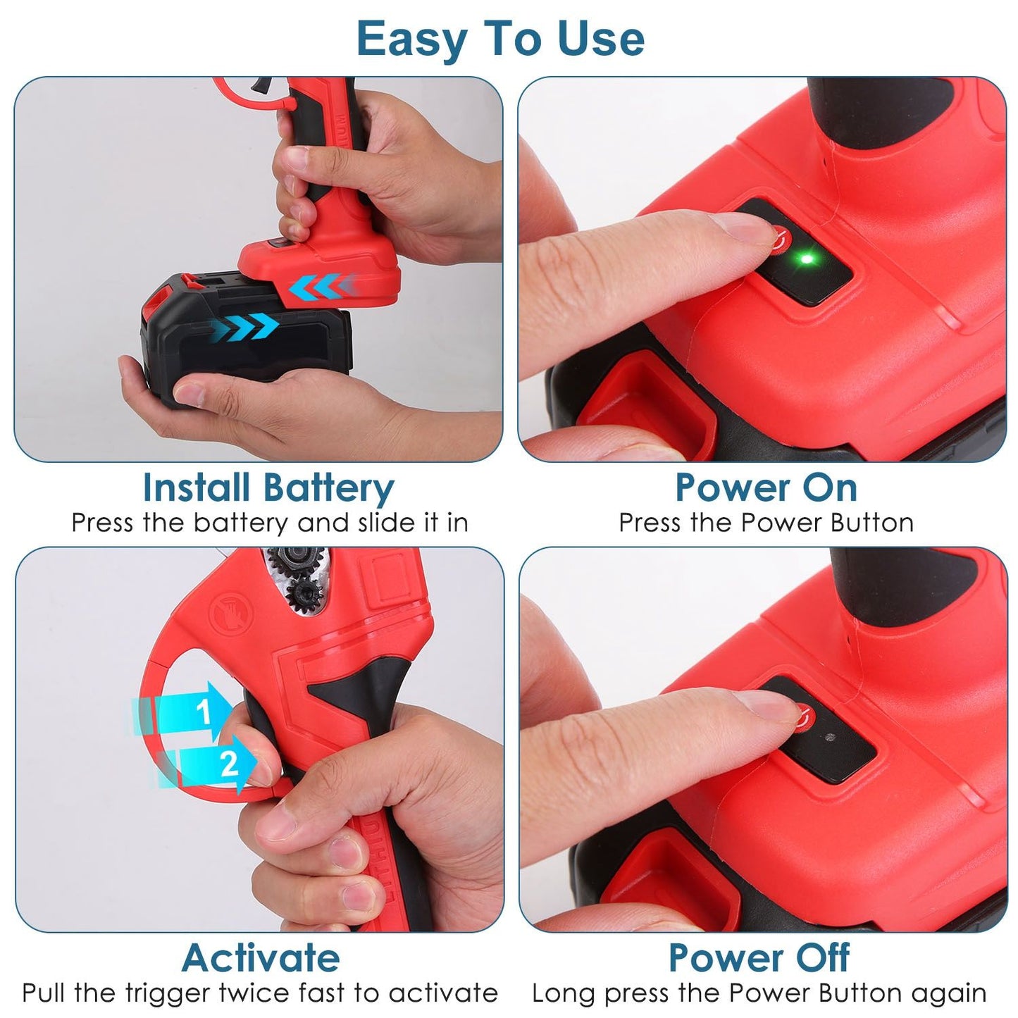 Image showing a user-friendly guide for a cordless power tool, illustrating battery installation, power activation, and deactivation steps with hands demonstrating each action.
