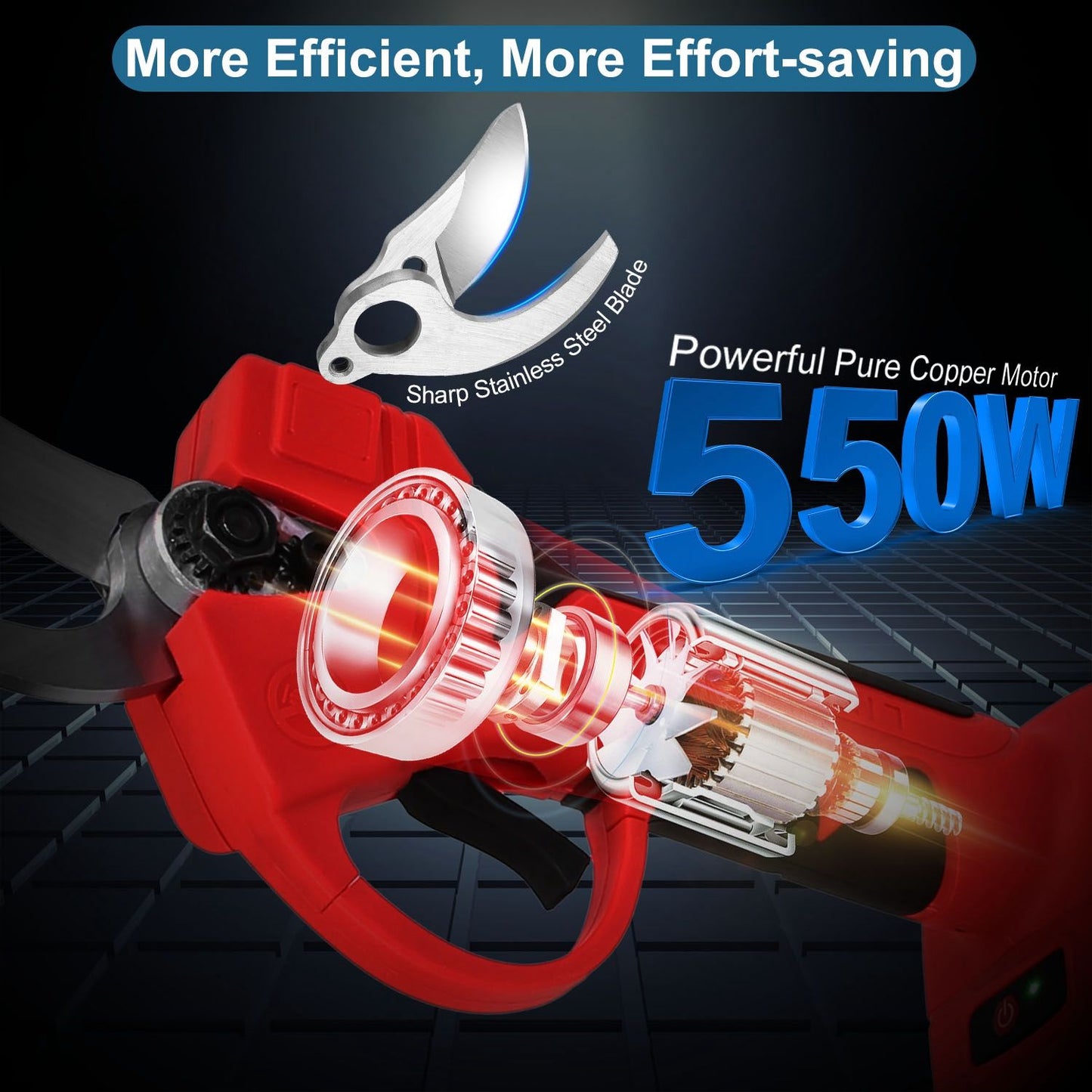 Electric pruning shear featuring a sharp stainless steel blade and 550W pure copper motor for efficient and effortless cutting.