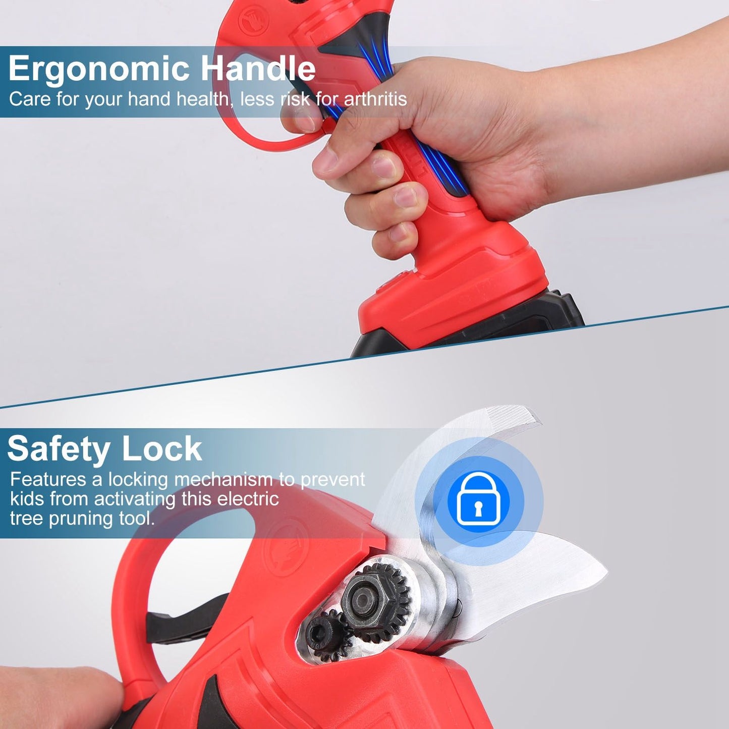 Electric tree pruning tool with an ergonomic handle for comfort and a safety lock to prevent accidental activation, shown in use.