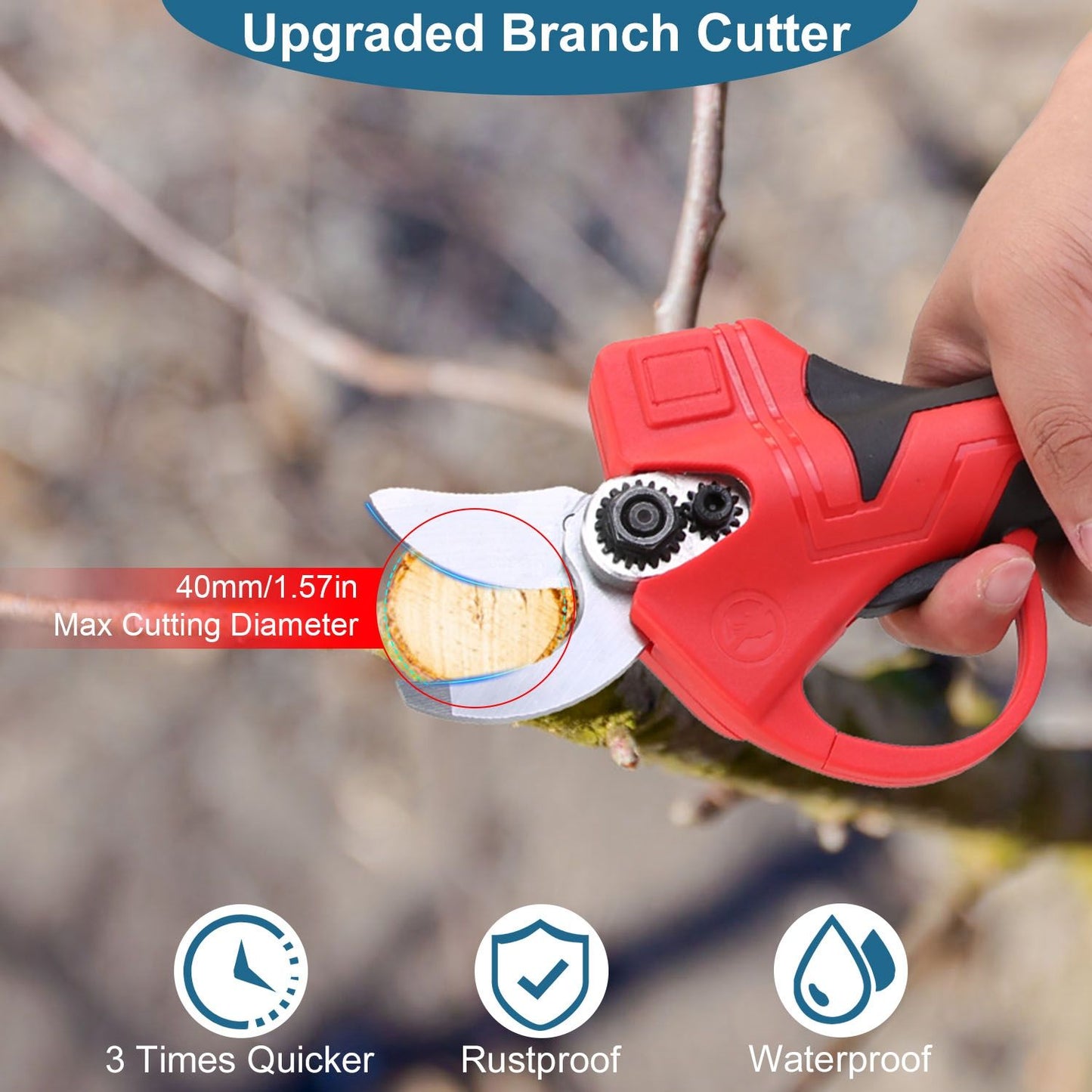 Upgraded branch cutter with a red ergonomic handle, cutting through a branch with a maximum diameter of 40mm; features highlighted benefits like rustproof and waterproof design.
