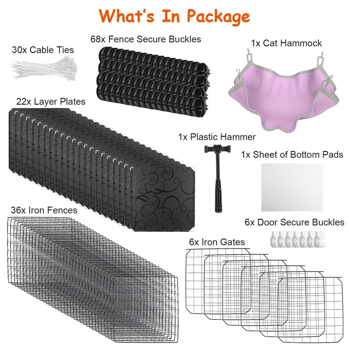 Product package contents including 30 cable ties, 68 fence secure buckles, 22 layer plates, 36 iron fences, 6 iron gates, 1 plastic hammer, 1 sheet of bottom pads, 6 door secure buckles, and 1 cat hammock.