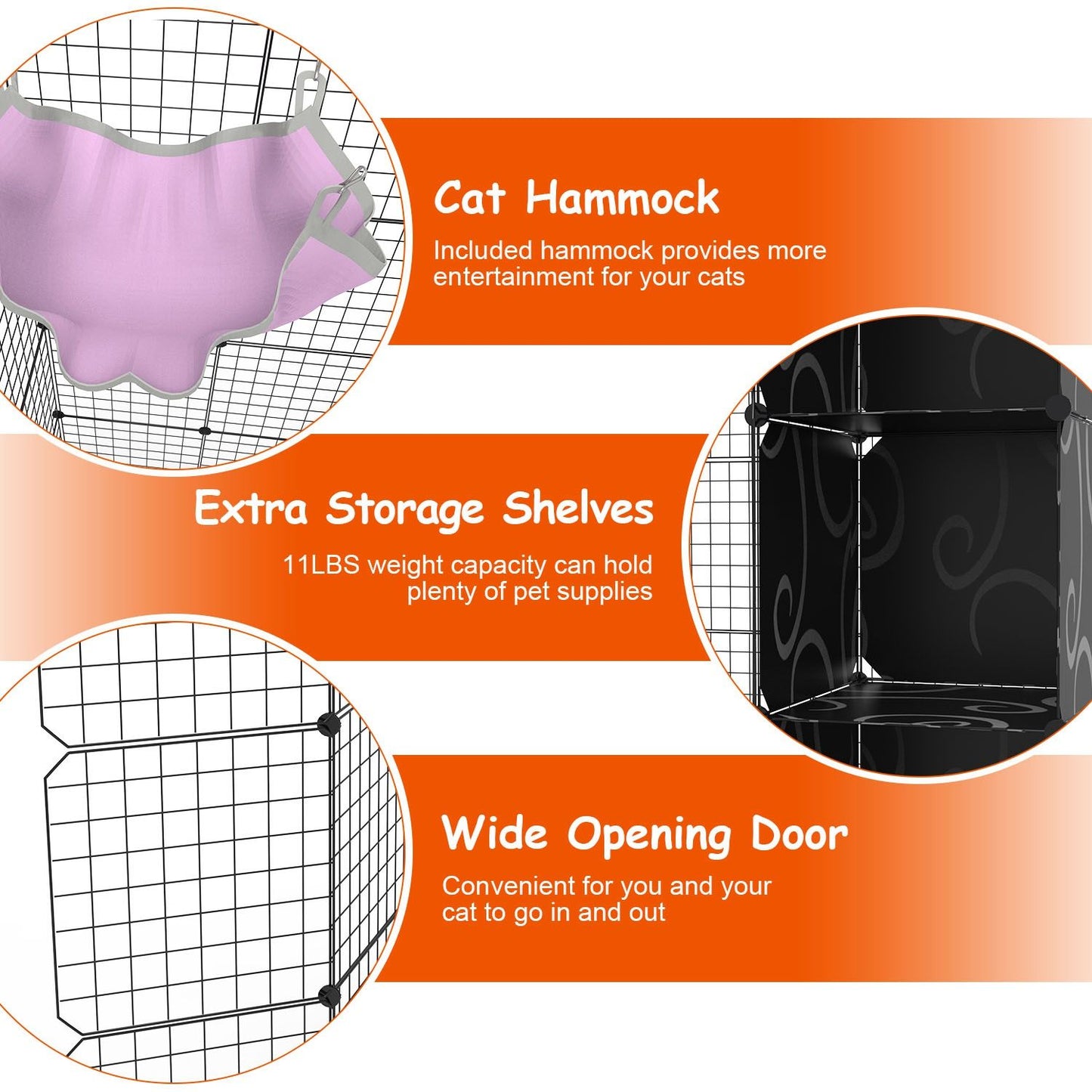 Cat hammock and storage shelves in a pet enclosure, featuring a wide opening door for easy access and a pink hammock for added entertainment.