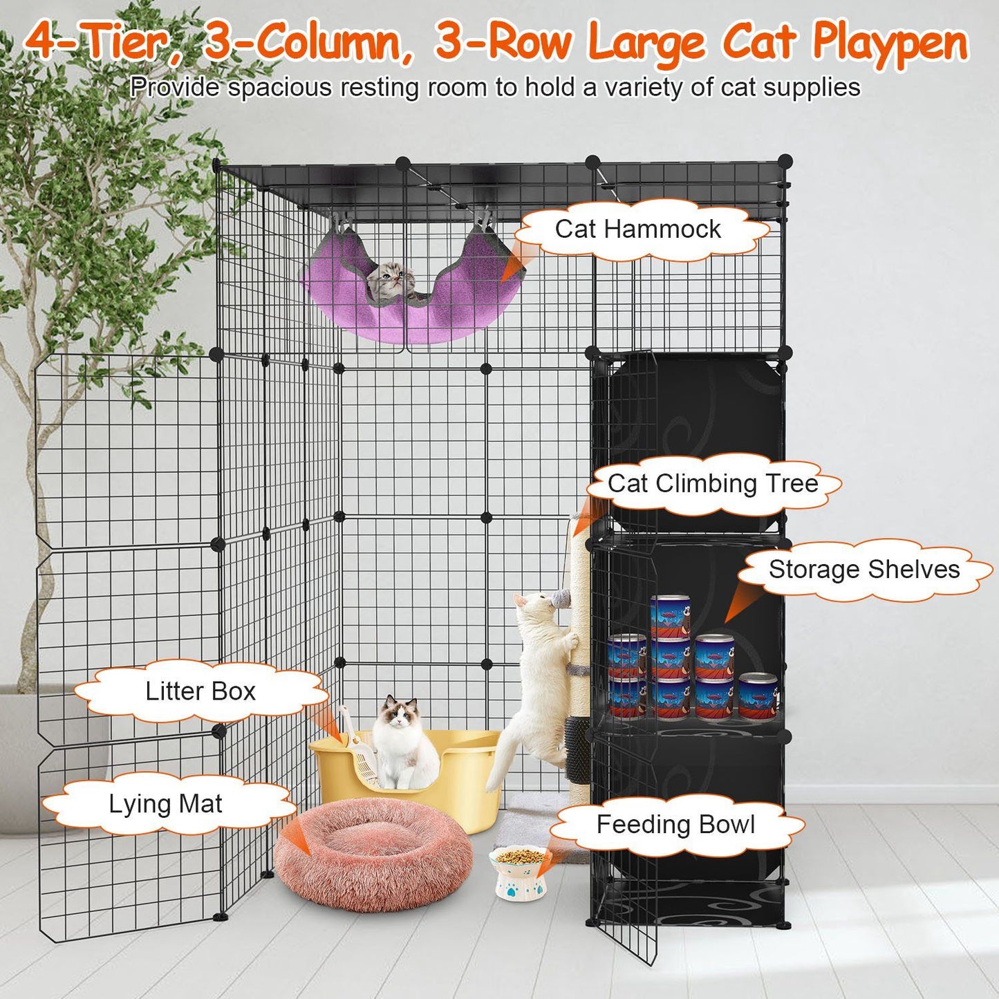 Large multi-tier cat playpen with climbing tree, hammock, litter box, and storage shelves, featuring cats relaxing and exploring in a spacious setup.