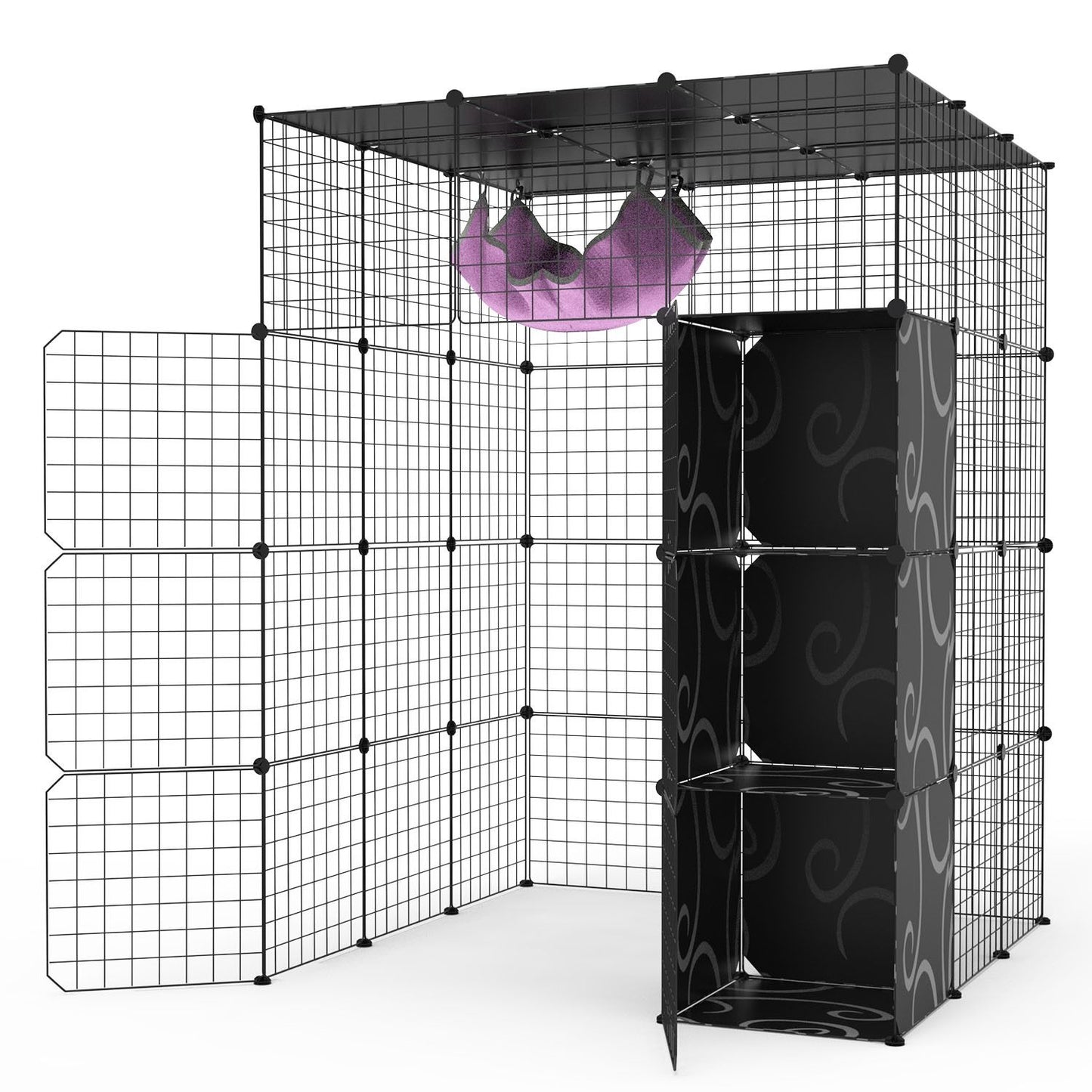 Multi-level small animal cage with a black grid design and patterned shelves, featuring a cozy hanging hammock in a purple color, ideal for guinea pigs or small pets.
