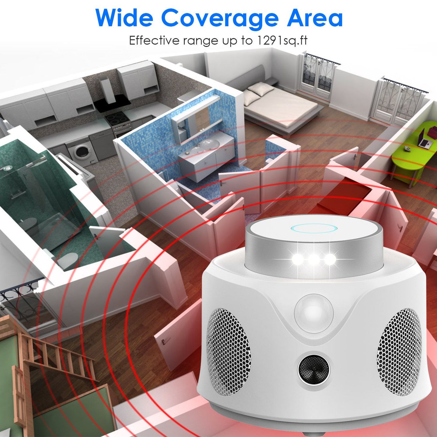 Image of a smart home device illustrating its wide coverage area, effective up to 129 square feet, showcased in a layout of a modern home with rooms highlighted by red signal waves.