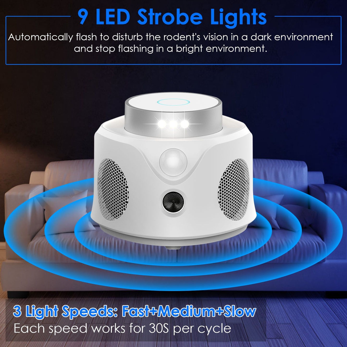 LED rodent repellent device featuring 9 strobe lights with three adjustable speed settings for effective pest control in dark environments.