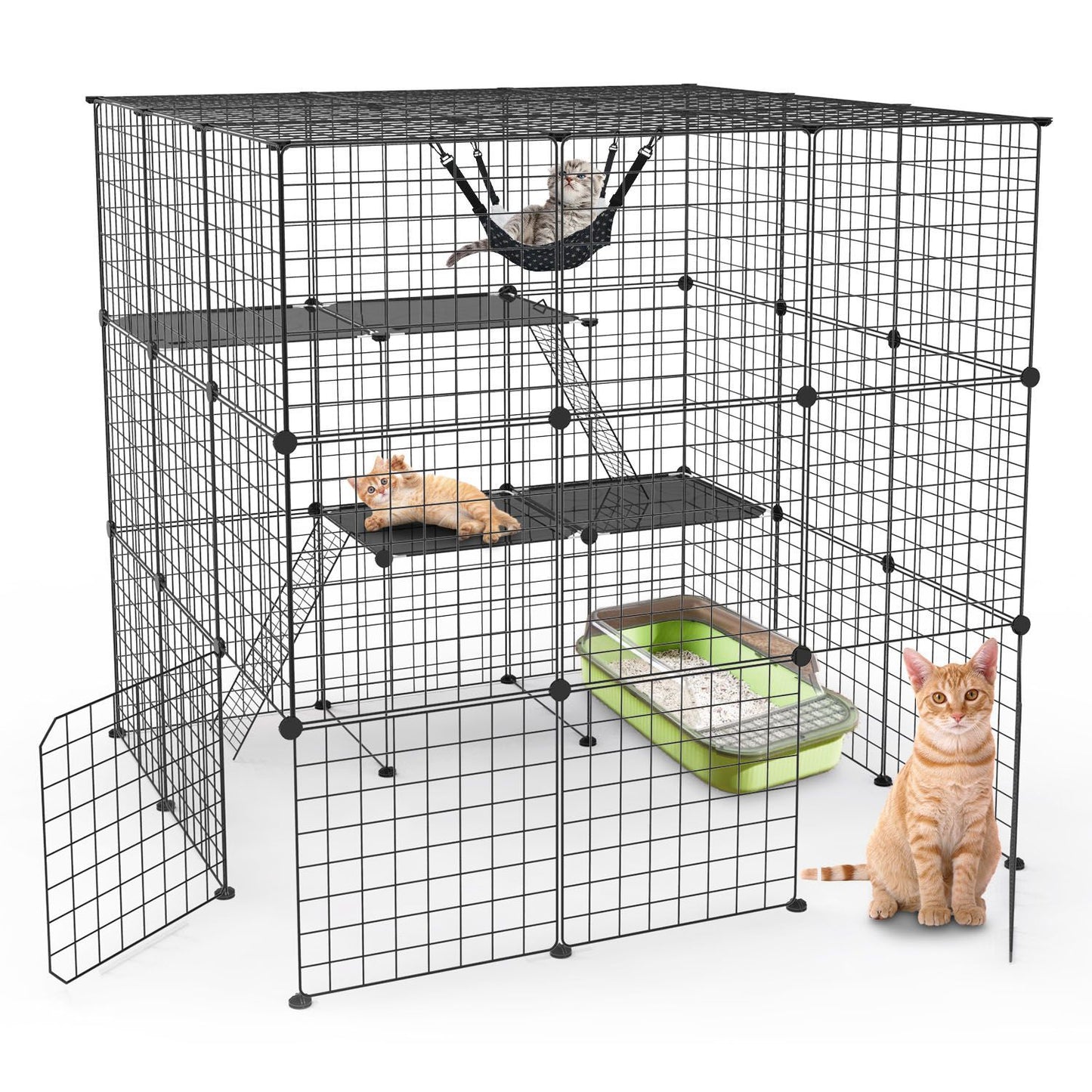 Large multi-level cat condo with black wire panels, featuring a hammock, resting spots, and a litter box, accommodating multiple cats comfortably.