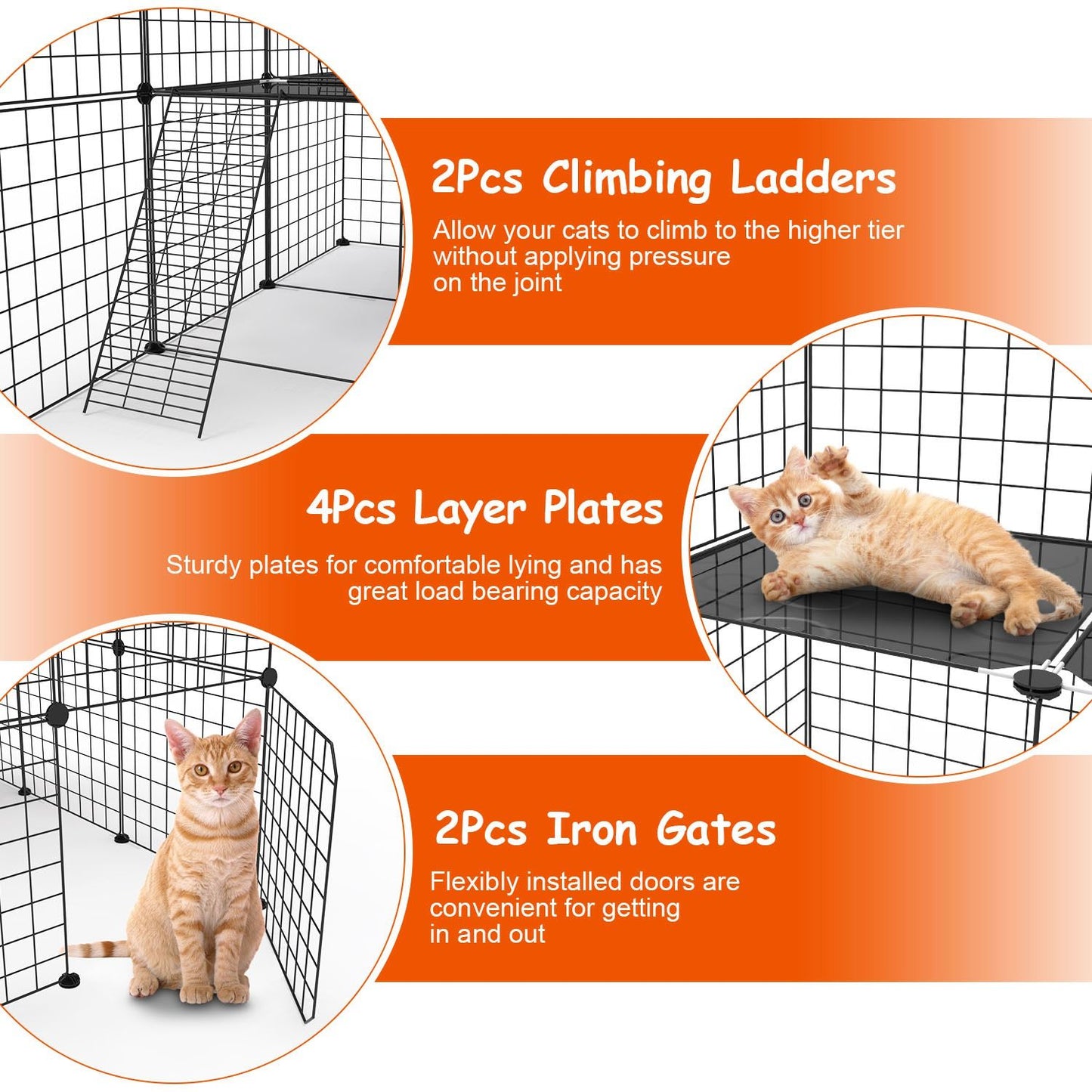 Multi-level cat climbing structure featuring two ladders, four sturdy layer plates for relaxation, and two easy-access iron gates for convenience.