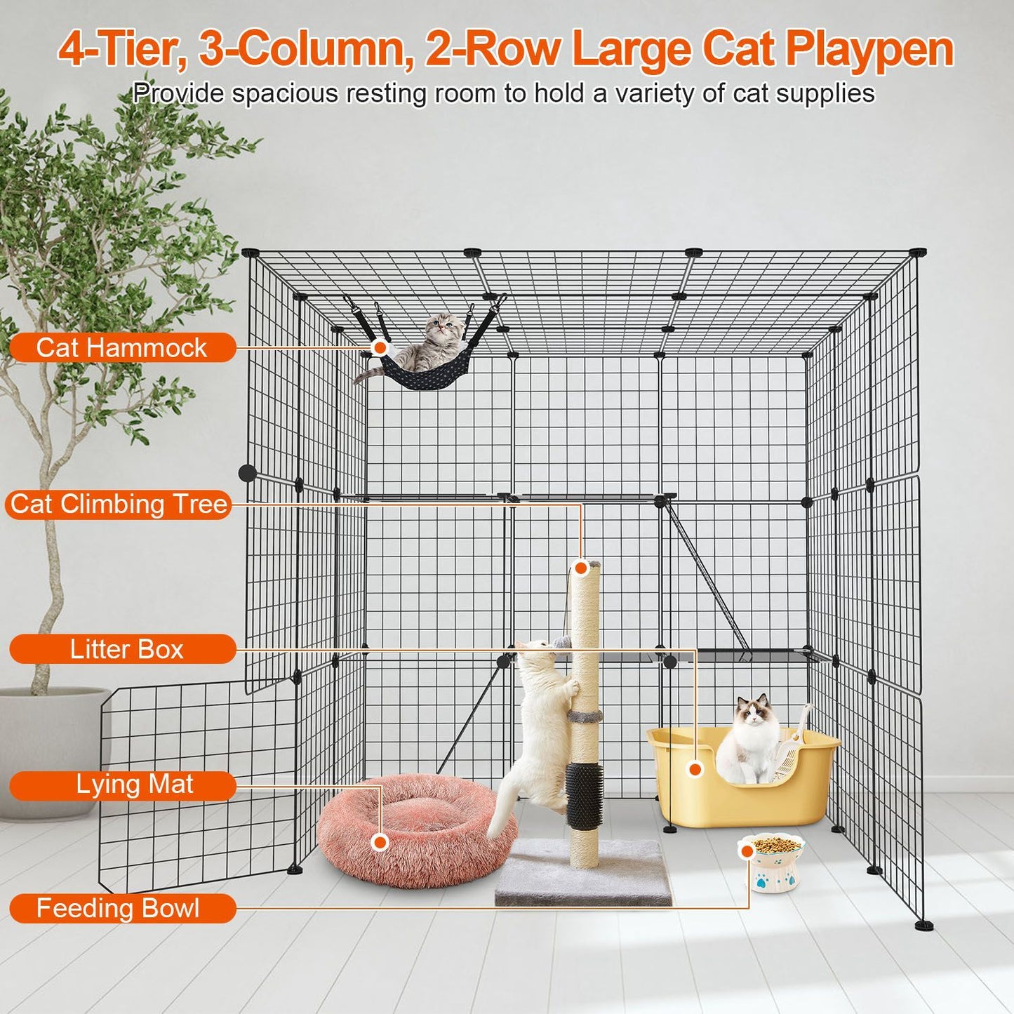 Large cat playpen featuring a 4-tier, 3-column, 2-row design with a hammock, climbing tree, litter box, lying mat, and feeding bowl, ideal for providing spacious and engaging living space for cats.