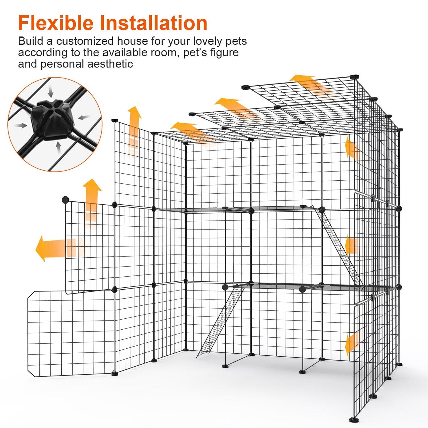 Customizable pet playpen with flexible installation options, featuring interlocking grid panels and ramps for easy access.