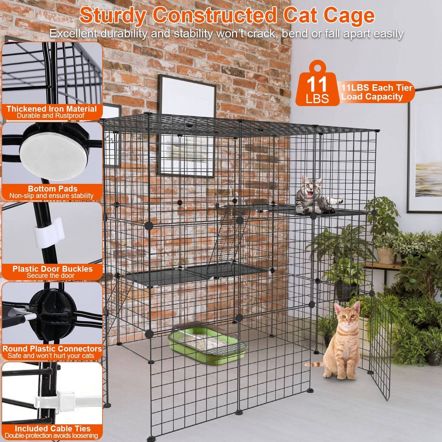 Sturdy cat cage with multiple tiers and durable black metal construction, featuring an orange label highlighting 11 lbs load capacity per tier, showcasing two cats, a golden tabby and a gray tabby, and a litter box on a stylish interior background.