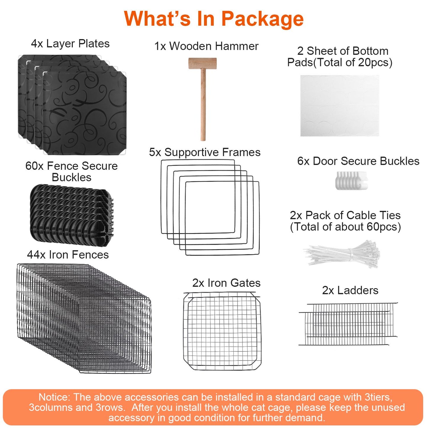 Infographic displaying contents of pet playpen package, including 4 layer plates, 1 wooden hammer, fence secure buckles, iron fences, supportive frames, gates, cable ties, and ladders, emphasizing versatile assembly for pet safety.