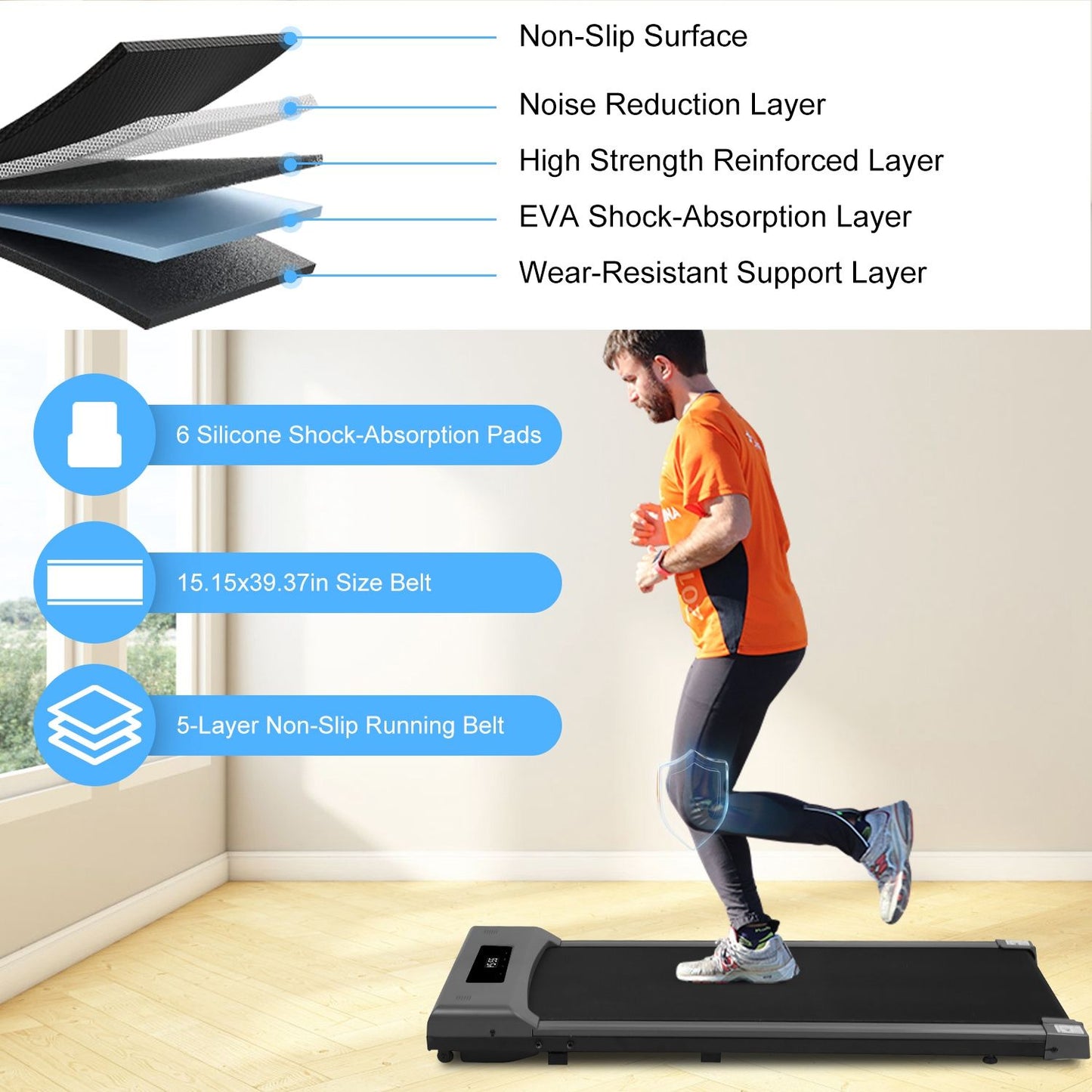 Running treadmill with a non-slip surface, featuring a 5-layer non-slip running belt, silicone shock-absorption pads, and an individual exercising in an orange shirt.