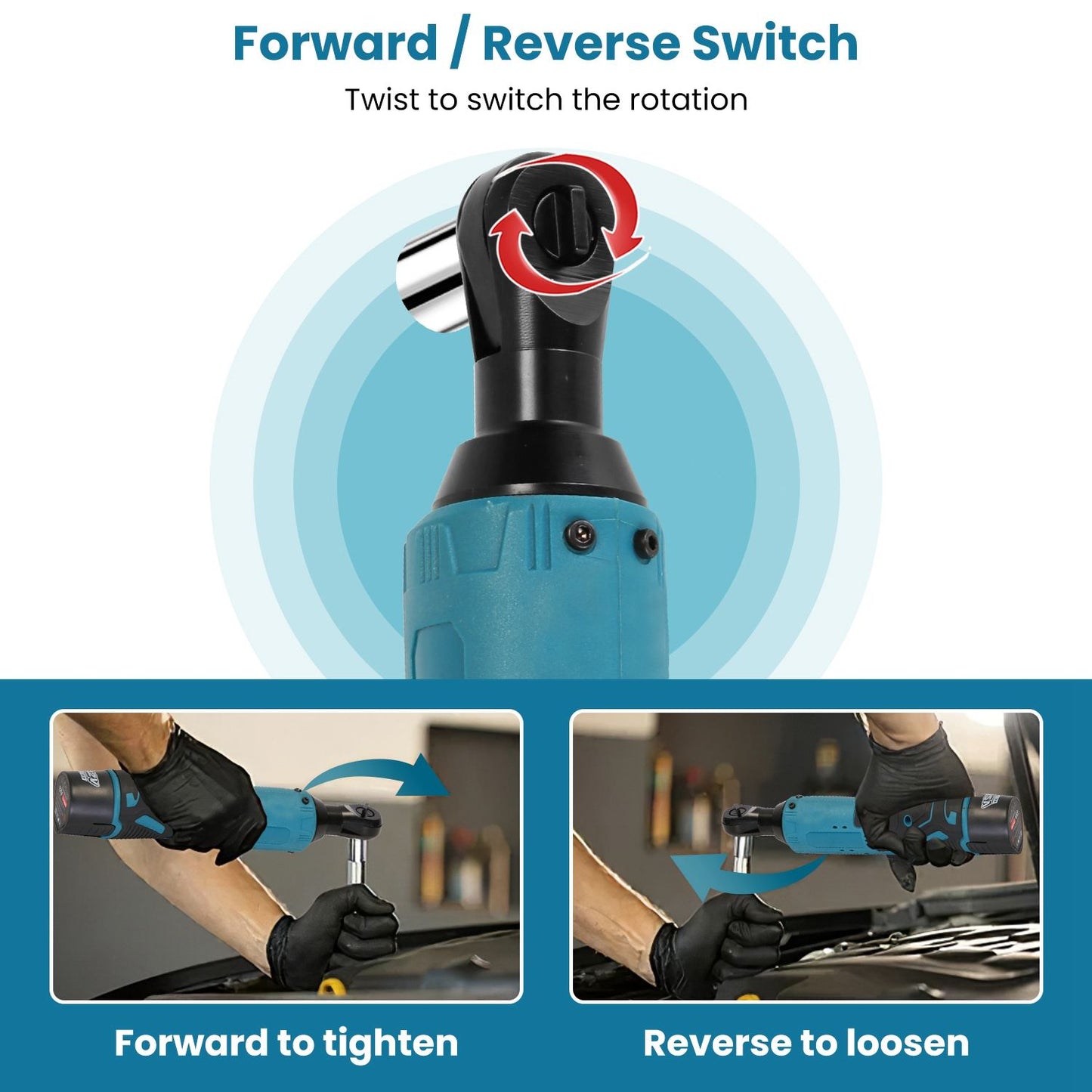 Image of a reverse and forward switch on a cordless electric ratchet wrench, showing how to operate the tool by twisting the switch to tighten or loosen fasteners, with a hand demonstrating the process.
