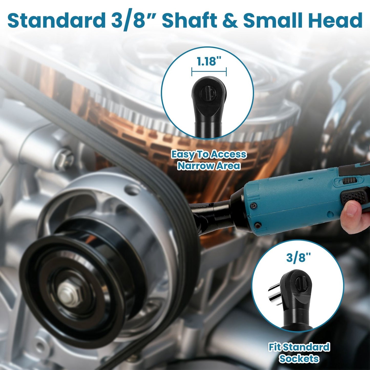 Image of a tool featuring a standard 3/8" shaft and small head, designed for easy access to narrow areas, with a focus on compatibility with standard sockets and its compact design ideal for engine work.