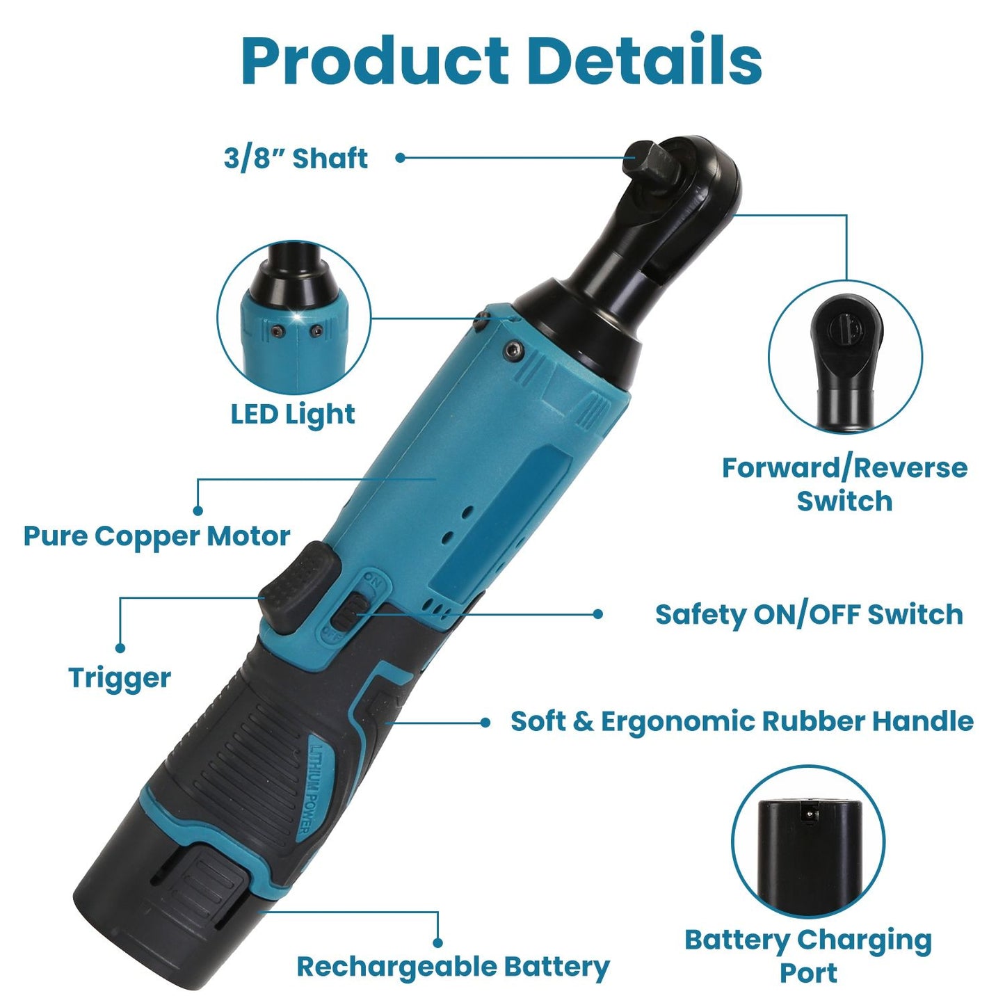 Compact electric ratchet wrench with a 3/8" shaft, featuring a pure copper motor, ergonomic rubber handle, LED light, and multiple controls for versatility.