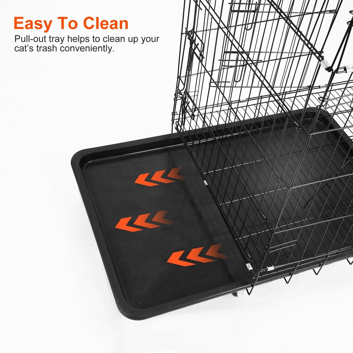 Easy-to-clean pull-out tray designed for cat litter management, featuring a sleek black design with orange arrows for added functionality.