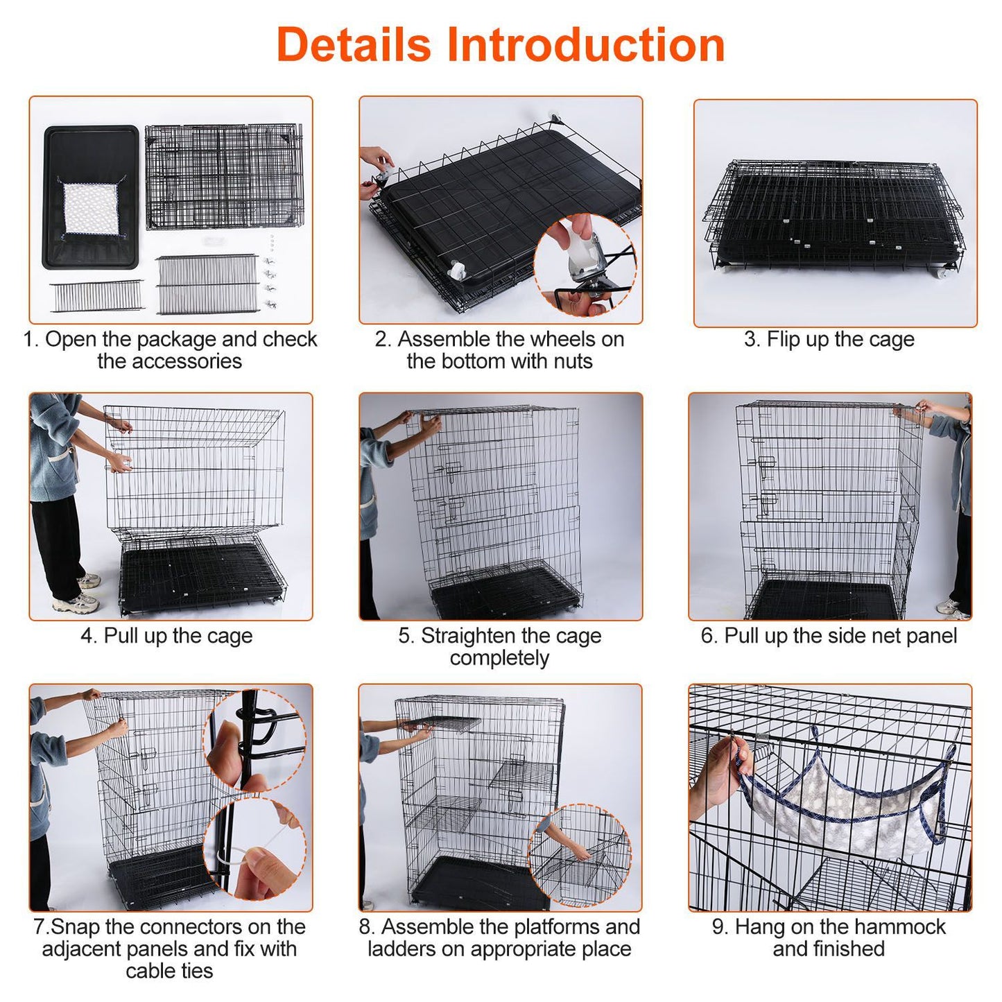 Step-by-step guide for assembling a large pet cage, featuring images showing package check, wheel assembly, cage setup, and finishing touches like hanging a hammock.