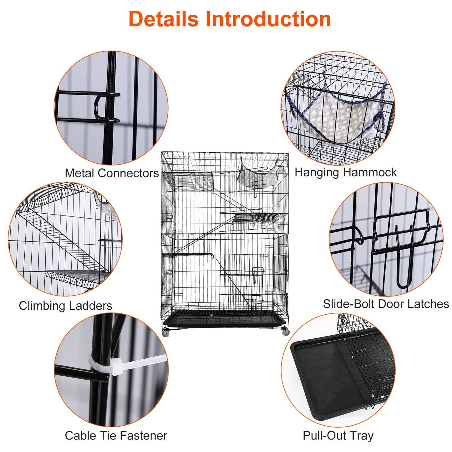 Detailed view of a multi-level pet cage featuring metal connectors, a hanging hammock, climbing ladders, slide-bolt door latches, cable tie fasteners, and a pull-out tray for easy cleaning.