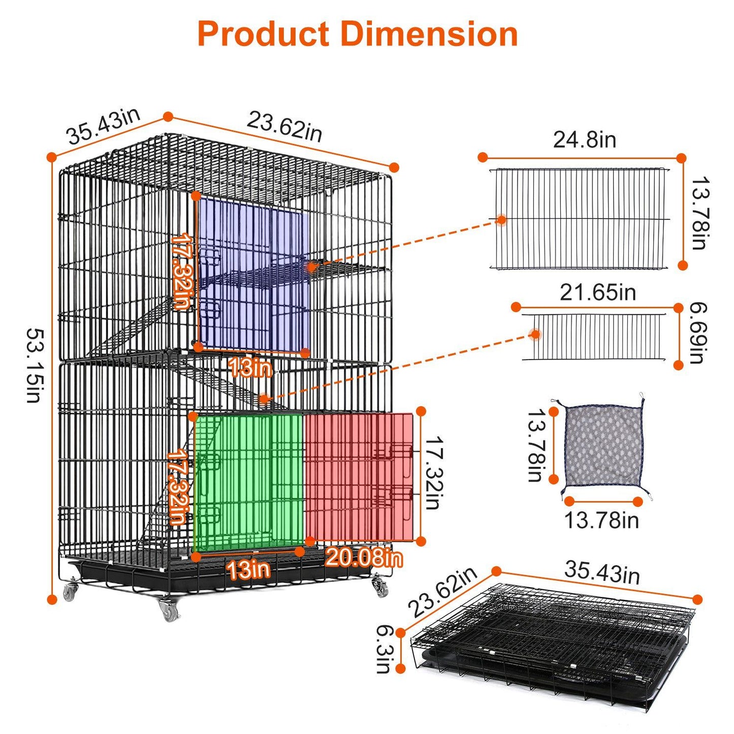 "Diagram showing dimensions of a multi-level pet cage with labeled measurements in inches for height, width, and depth, designed for optimal space management."