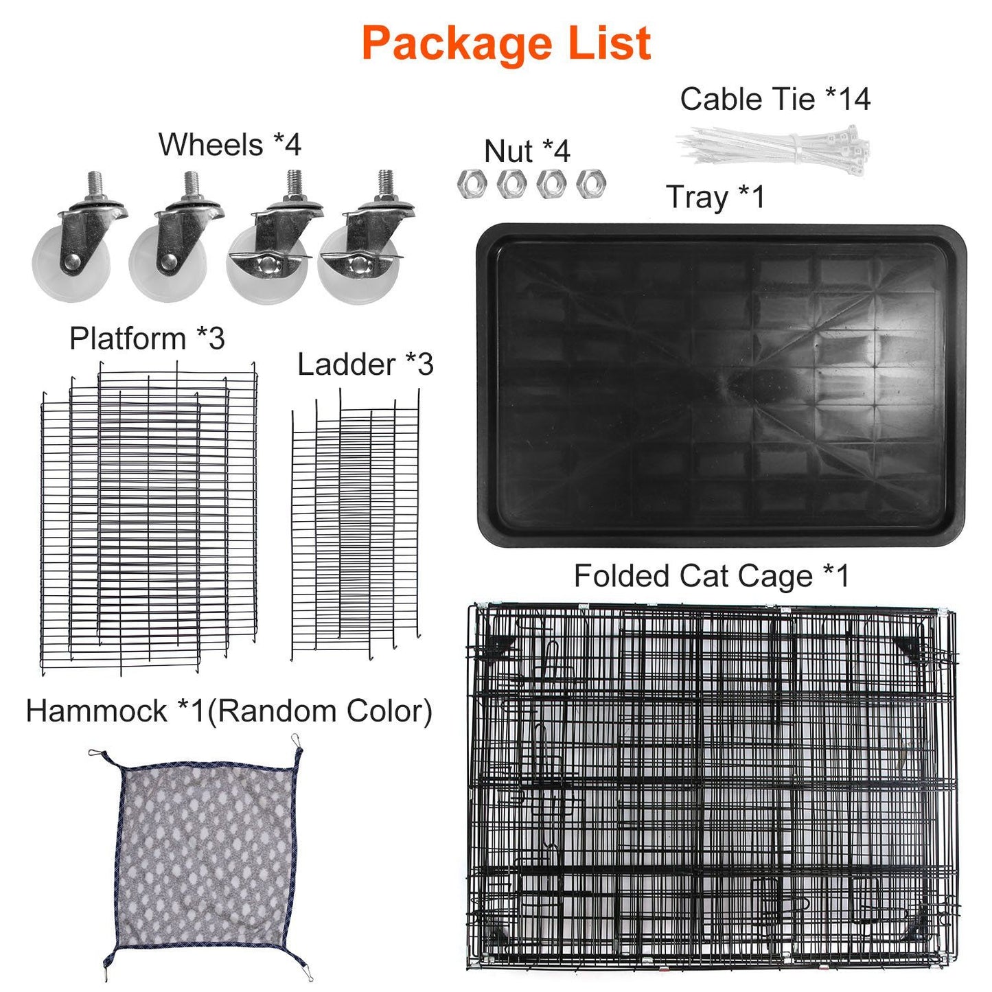 Product package list for a multi-level cat cage, featuring components such as four wheels, three platforms, three ladders, a tray, a folded cat cage, a hammock in random color, and fourteen cable ties, all essential for assembly and functionality.