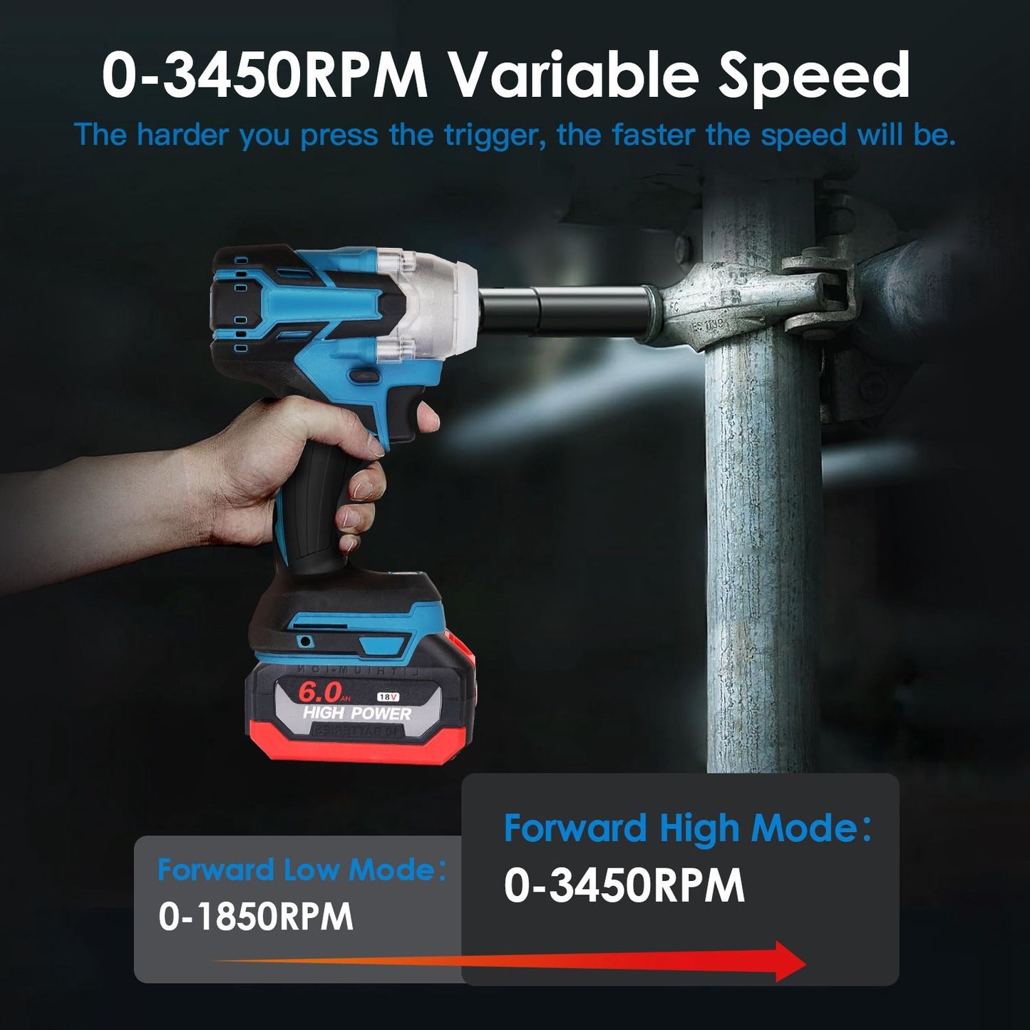 High torque cordless impact wrench with variable speed up to 3450 RPM, showcasing ergonomic grip and powerful battery.