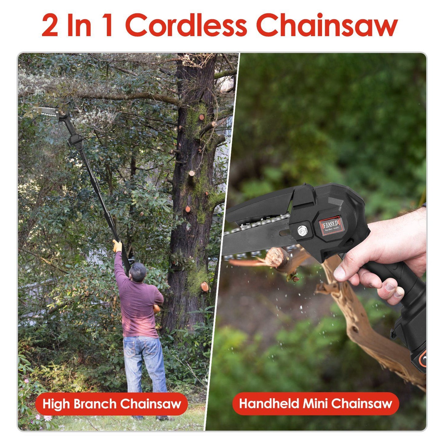 2-in-1 cordless chainsaw image showcasing a user using a high branch chainsaw on the left and a handheld mini chainsaw on the right, ideal for tree trimming and cutting tasks.