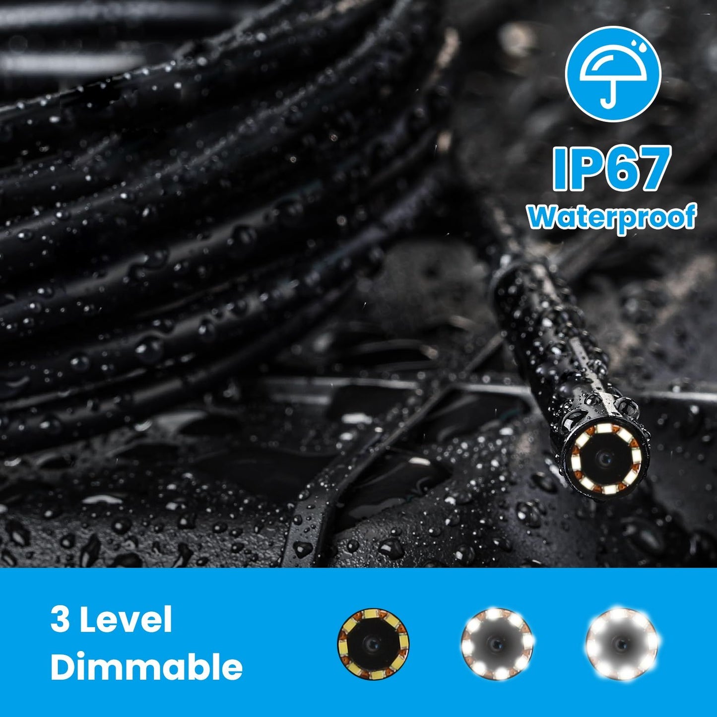 Waterproof IP67 dimmable LED light strip on a wet surface, showcasing a close-up of the light's adjustable brightness settings, ideal for outdoor or indoor use.