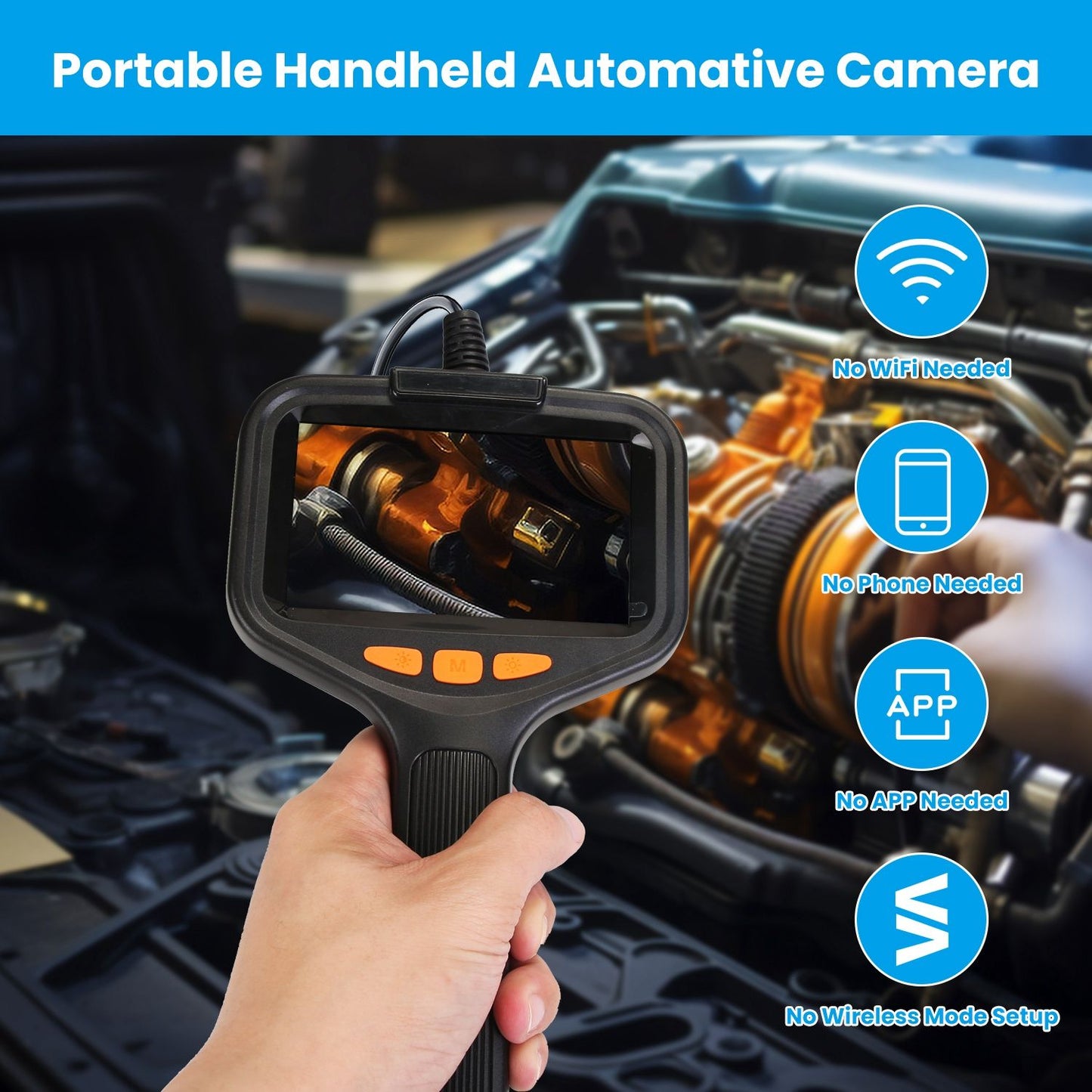 Hand holding a portable handheld automotive camera, featuring a clear display showing engine components, with text overlay highlighting that no WiFi, phone, or app is needed for operation.