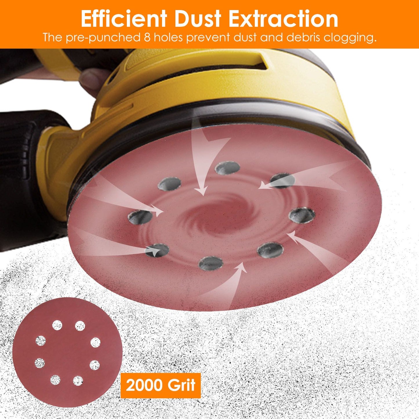 Image of a 2000 grit sanding disc featuring eight pre-punched holes for efficient dust extraction, highlighting its design to prevent dust and debris buildup while sanding.