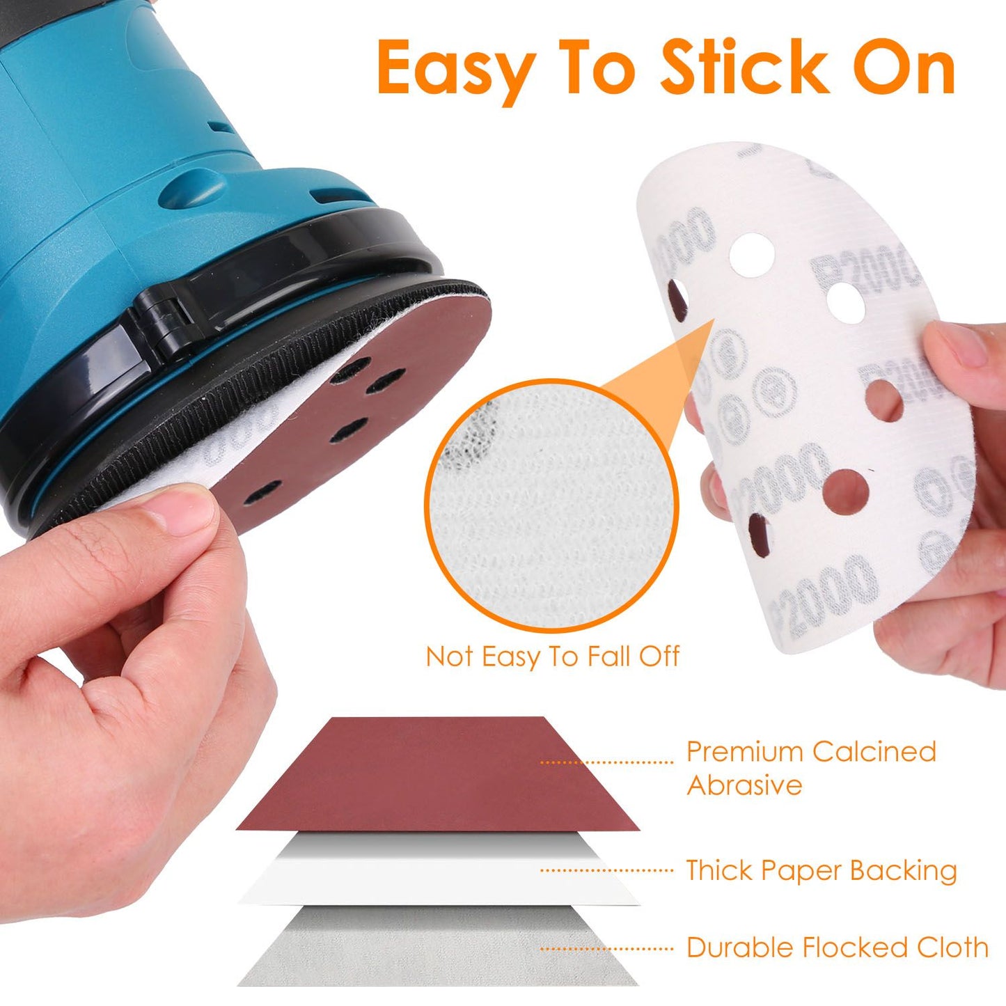 Close-up image showing a hand attaching a sanding disc to a power sander, highlighting its easy stick-on feature and durable materials, including premium calcined abrasive and thick paper backing.