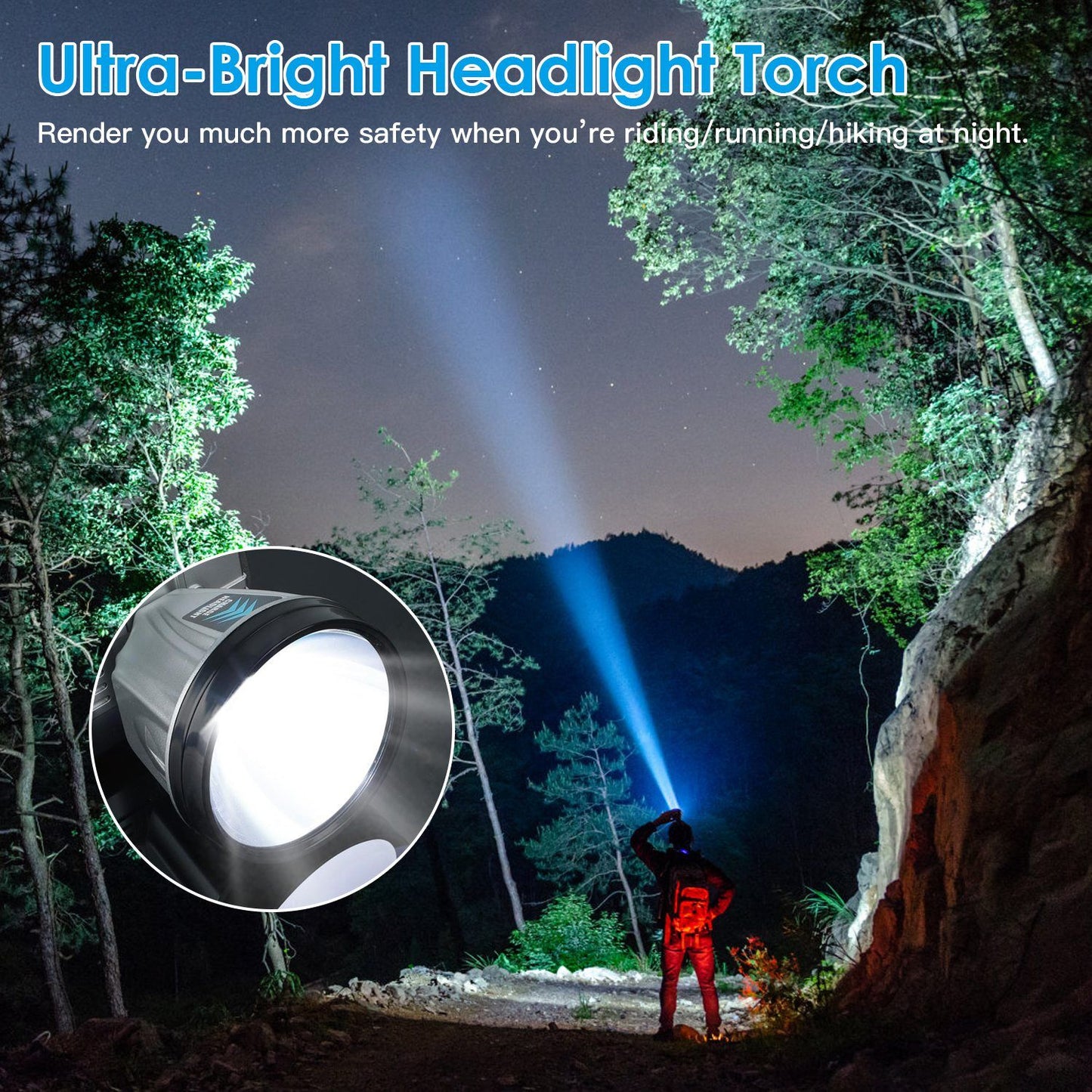 Ultra-bright headlight torch illuminating a hiker on a trail at night, surrounded by trees and mountains, showcasing safety for outdoor activities like running, riding, and hiking.