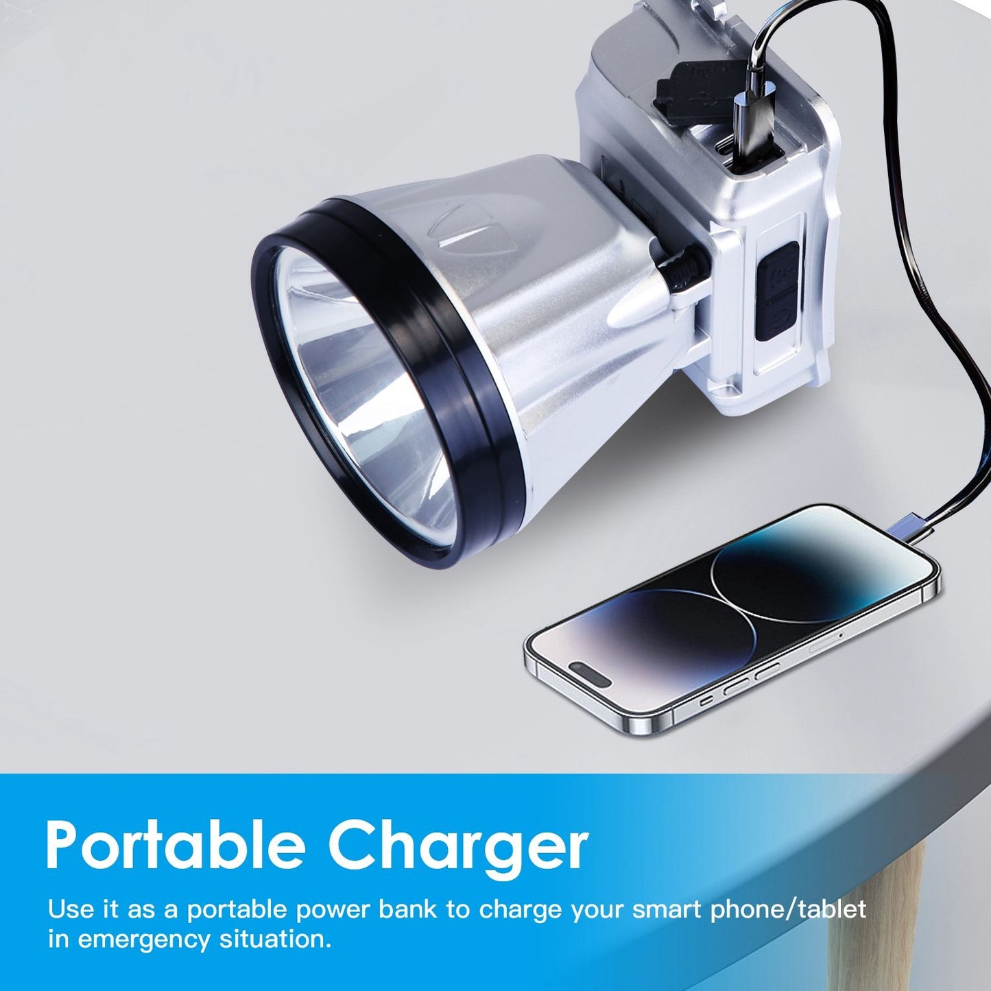Portable flashlight with built-in power bank charging a smartphone, showcasing multi-functional emergency use.