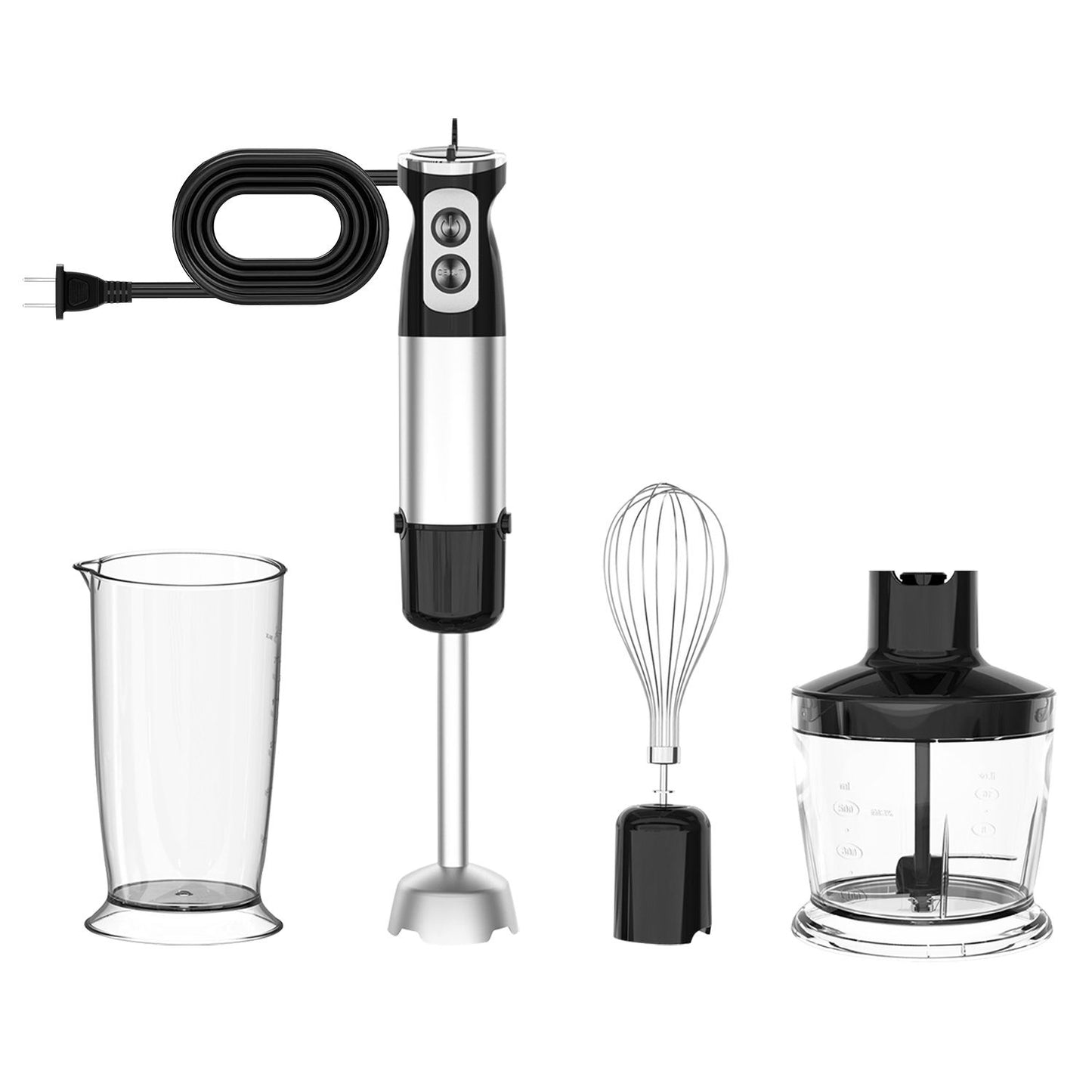 Immersion blender set with a stainless steel body, detachable whisk, blending cup, and chopping bowl, designed for versatile food preparation.